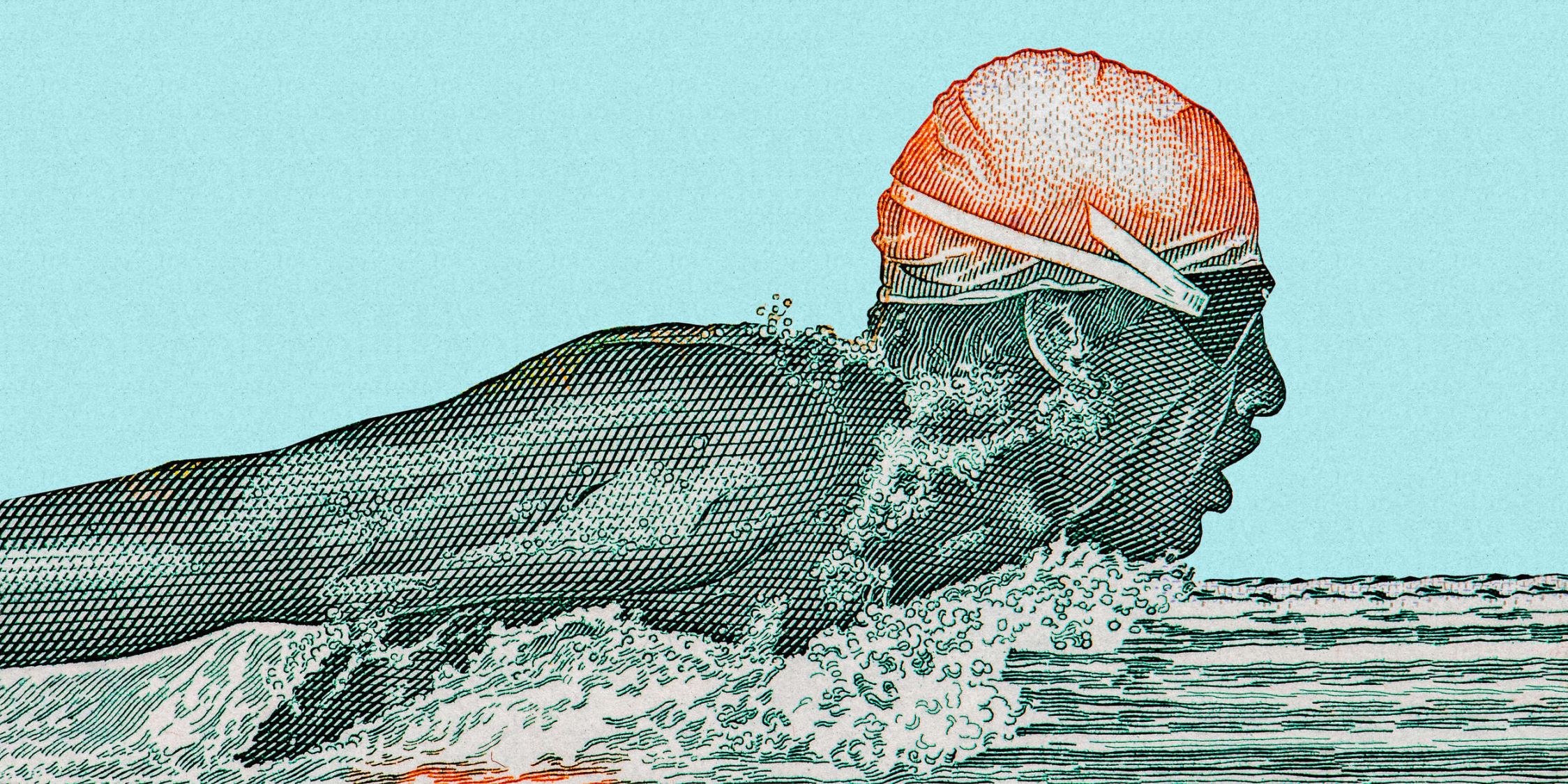             Fotomural »aquaman« - nadador en diseño pixelado - petróleo con textura de papel kraft | tejido no tejido mate, liso
        