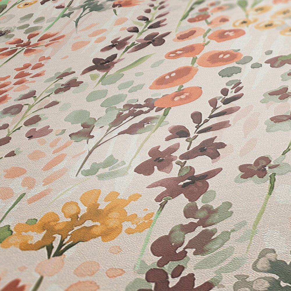             Vliesbehang kleurrijke bloemenweide in aquarelmotief - beige, oranje, bruin
        