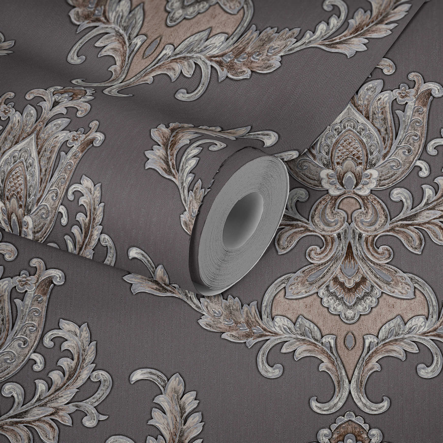             Papier peint métallique avec motif ornemental opulent - gris
        