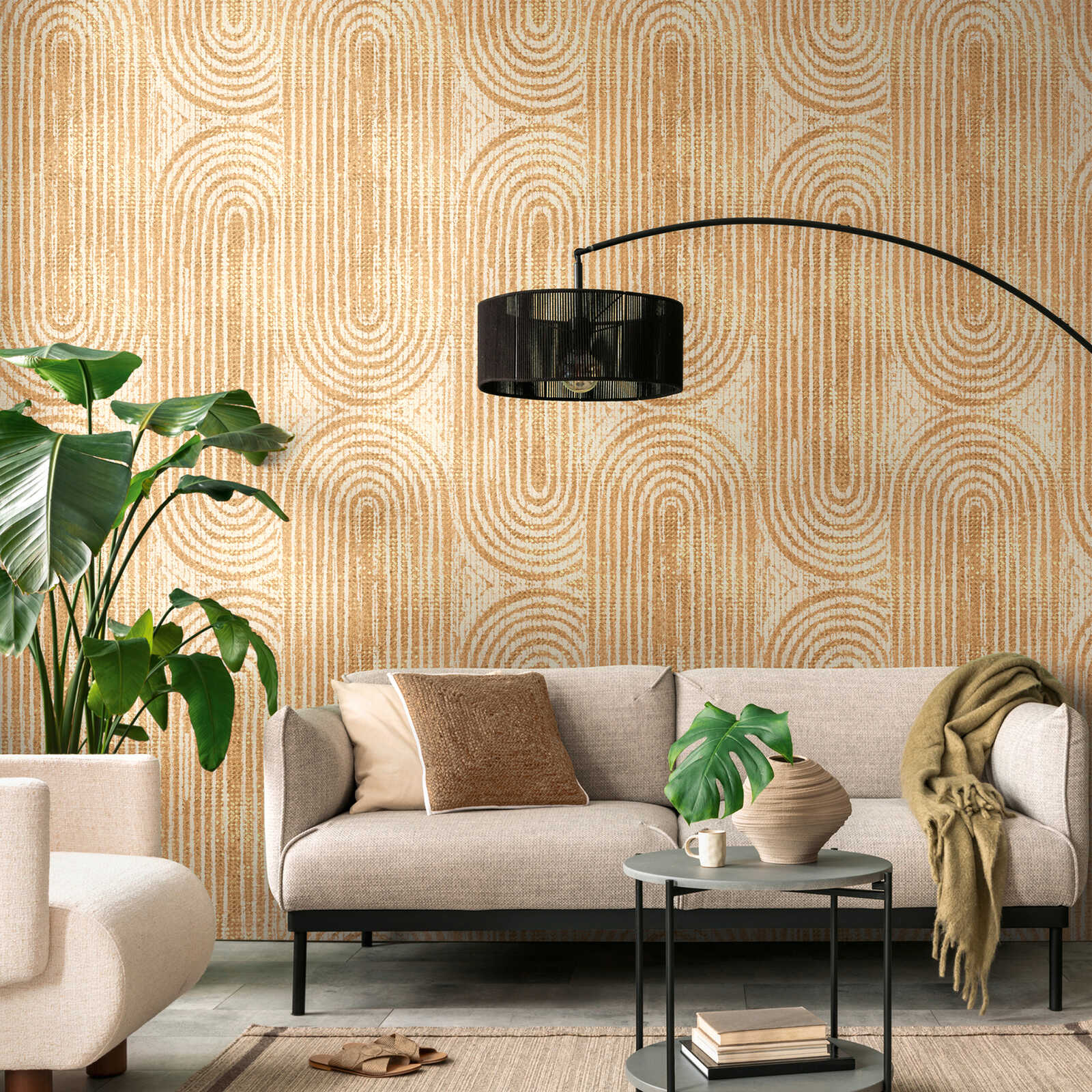             Retro 70s vliesbehang met geometrisch patroon en grootschalige patroonherhaling - oranje, beige
        