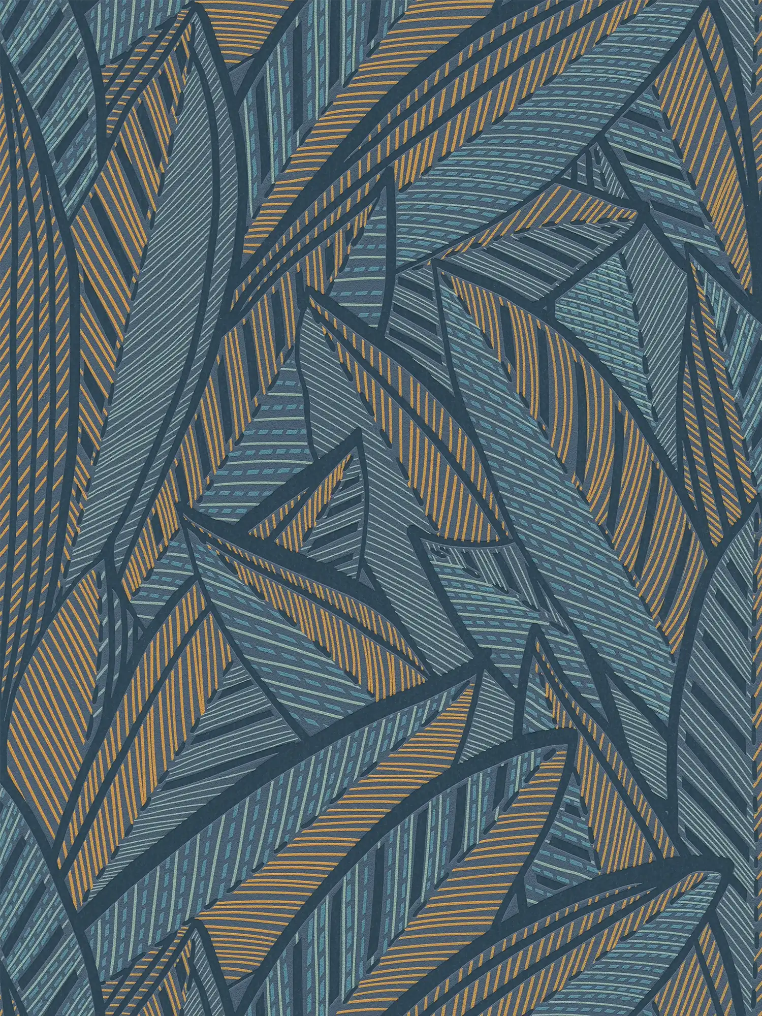 Carta da parati non tessuta con foglie di palma, effetto giungla e accenti lucidi: blu, verde, giallo.
