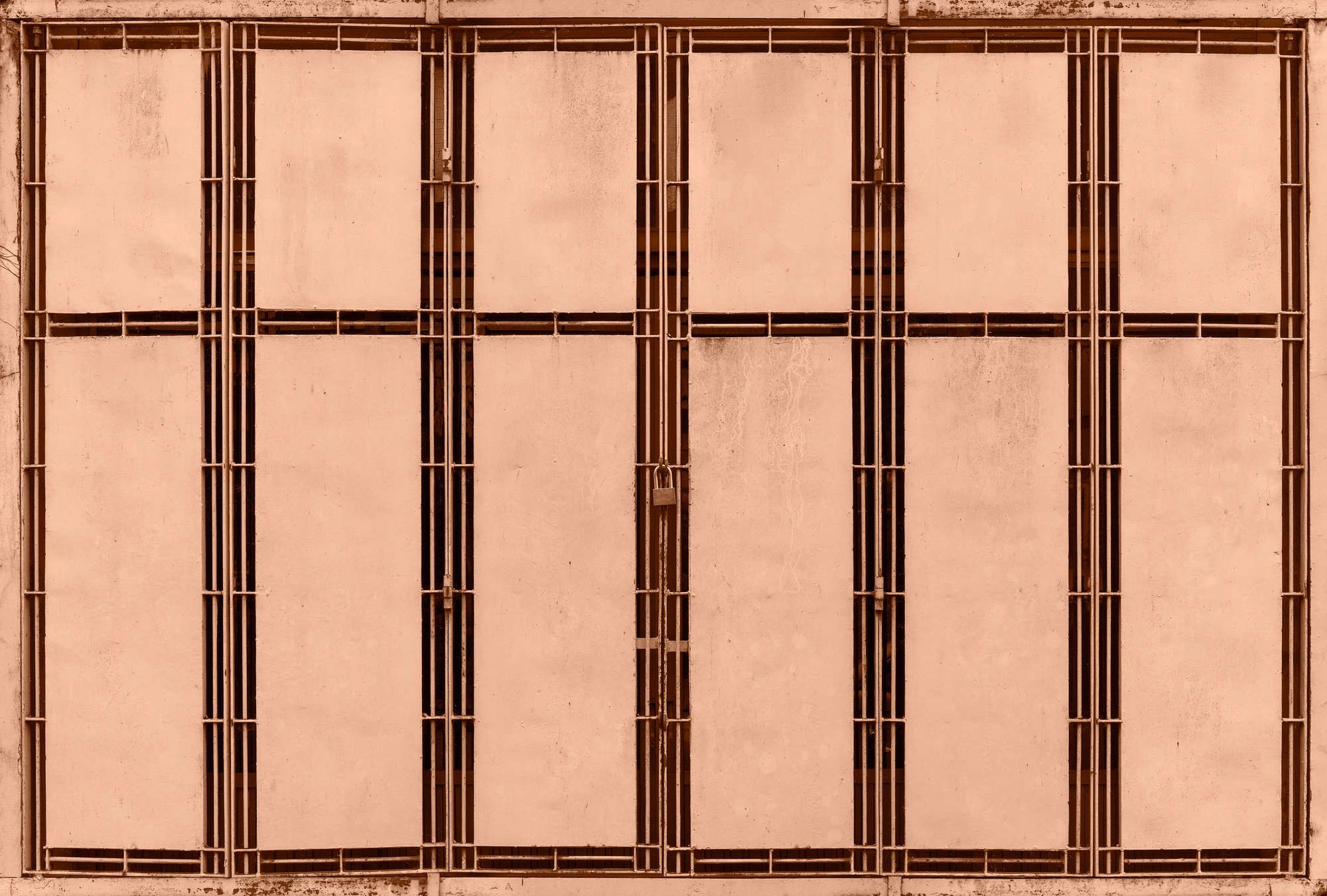             Digital behang »jaipur« - Close-up van een zalmkleurig metalen hek - Matte, Gladde vliesstof
        