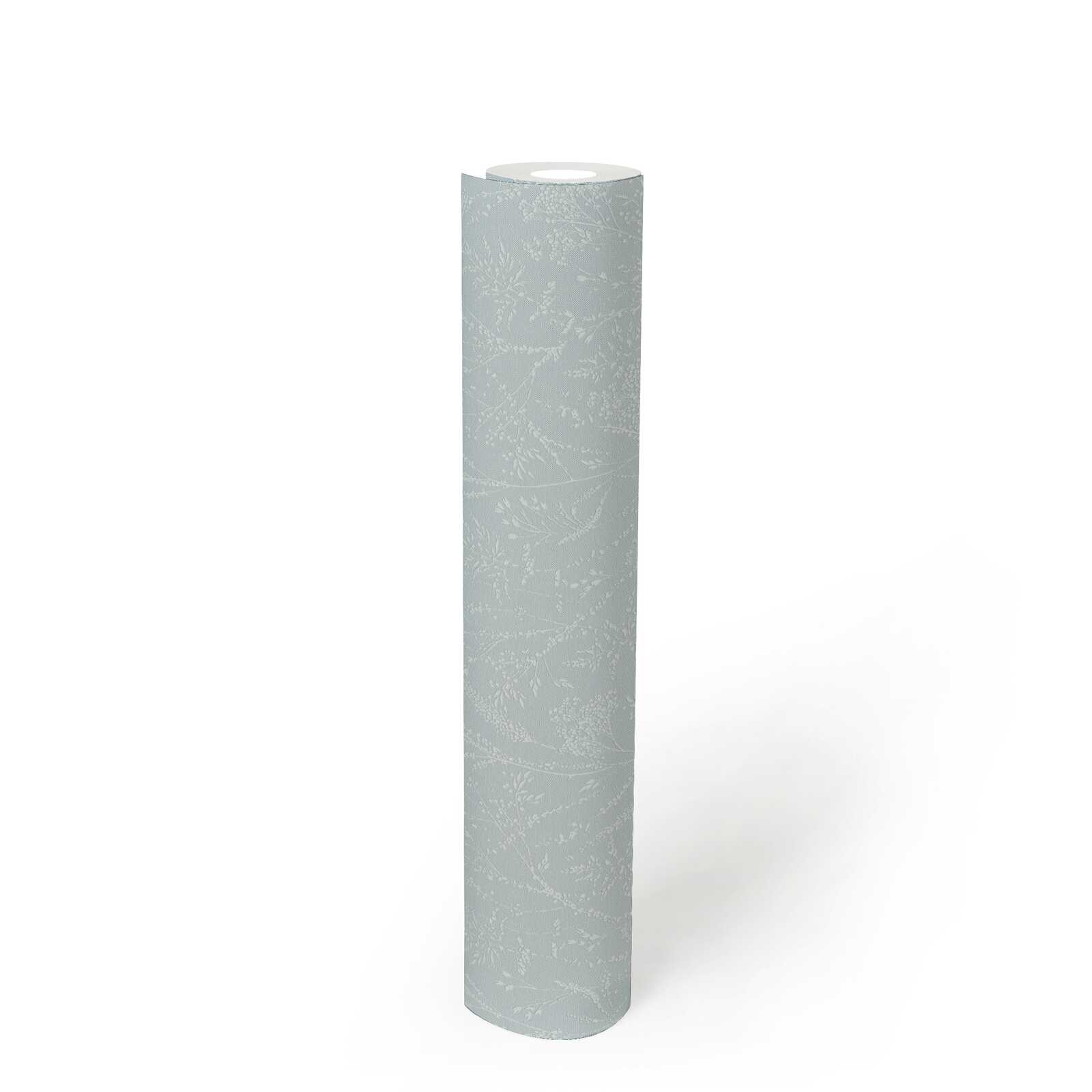             Non-woven wallpaper with glittering floral and tendril design on textile surface - light blue, white
        