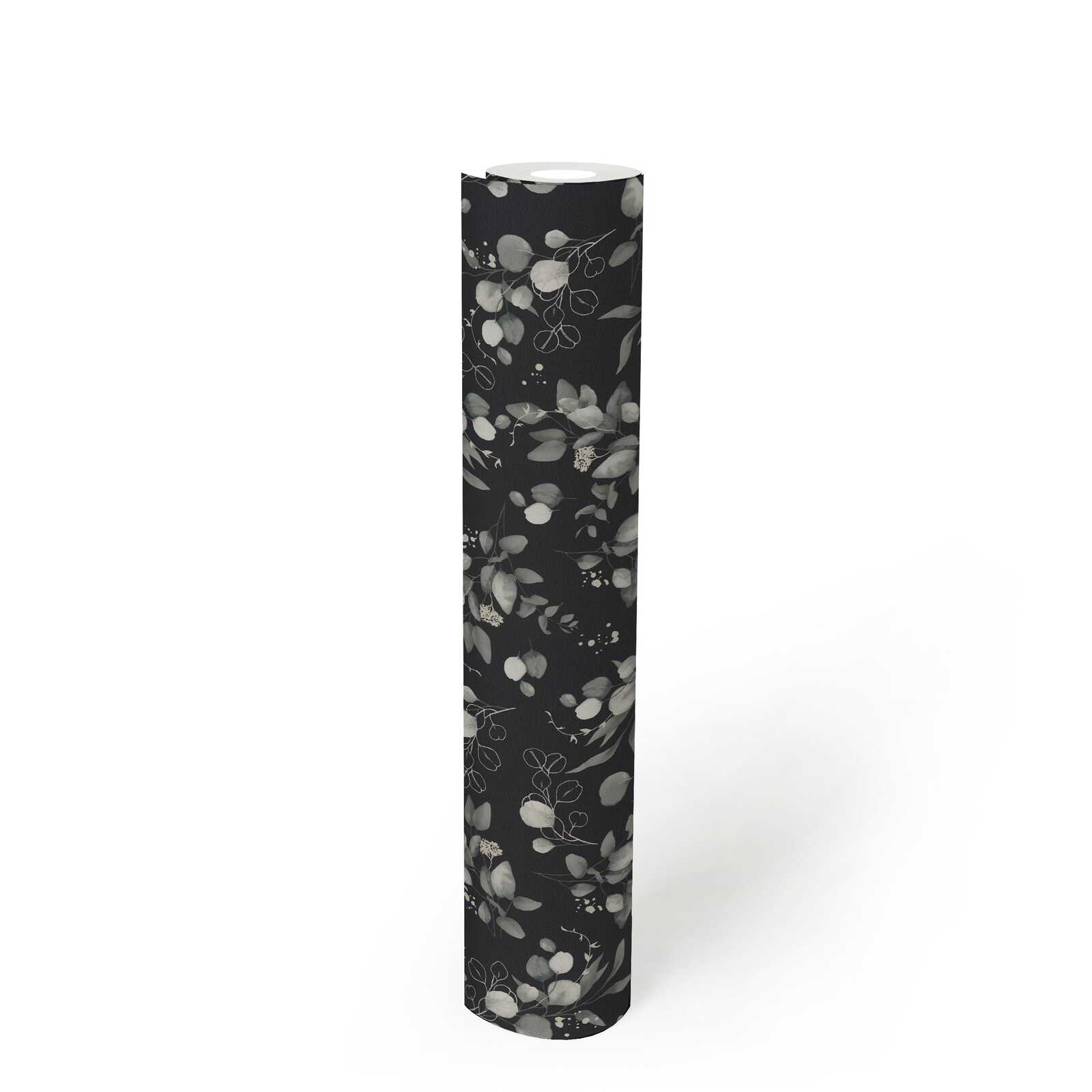             Glittering non-woven wallpaper with floral and tendril pattern - black, grey, silver
        