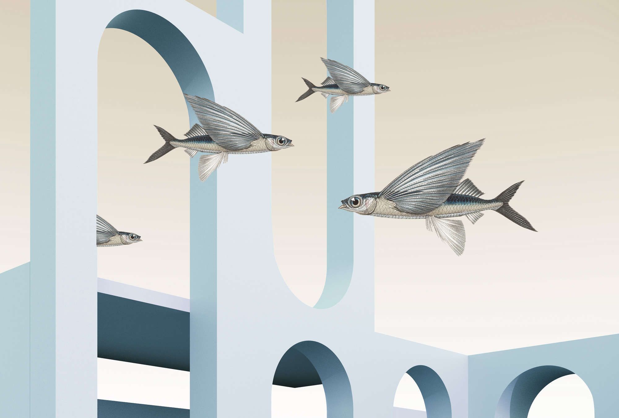             styx - Digital behang met abstracte 3D architectuur en vliegende vissen - Licht structuurvlies
        