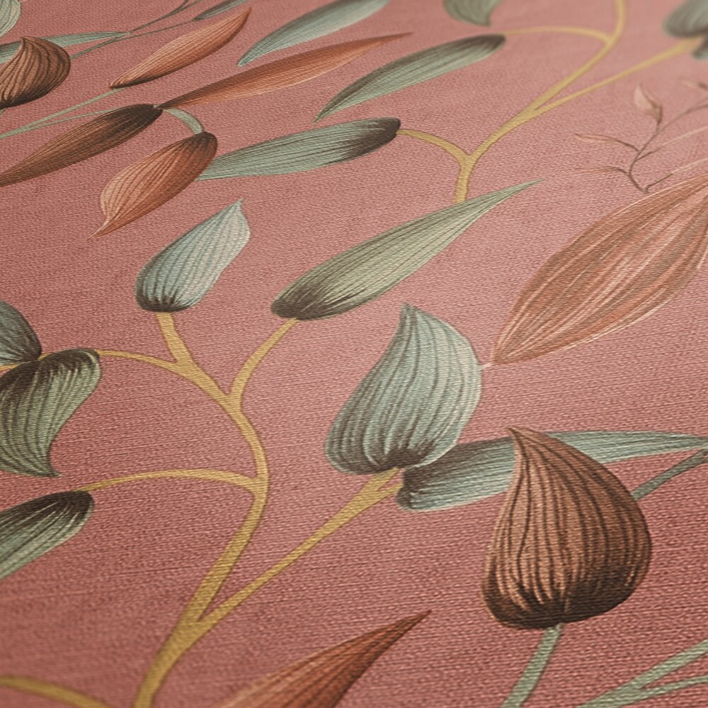             Non-woven wallpaper with soft floral tendrils - pink, green, red
        