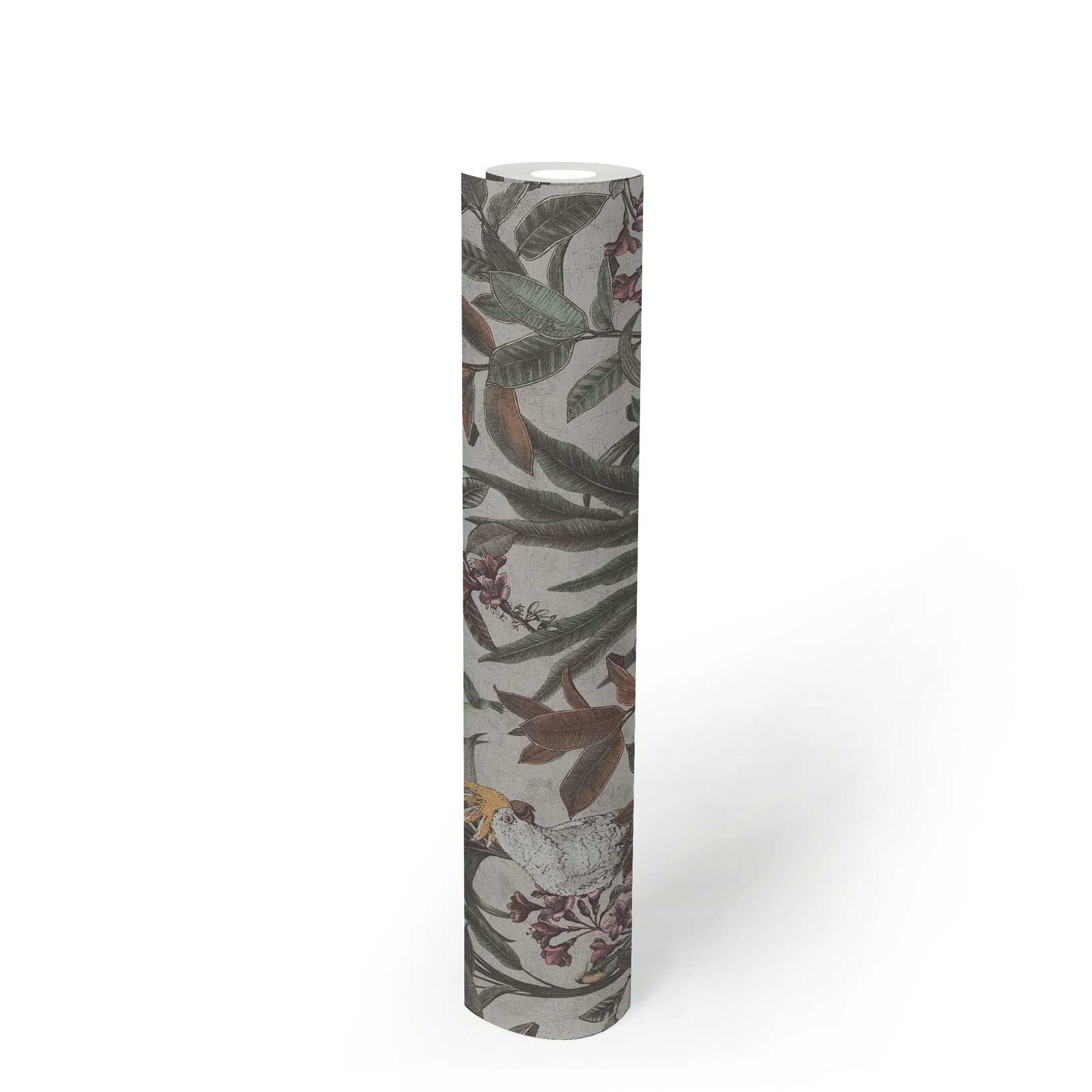             Non-woven wallpaper jungle with parrot in vintage design - green, cream, pink
        