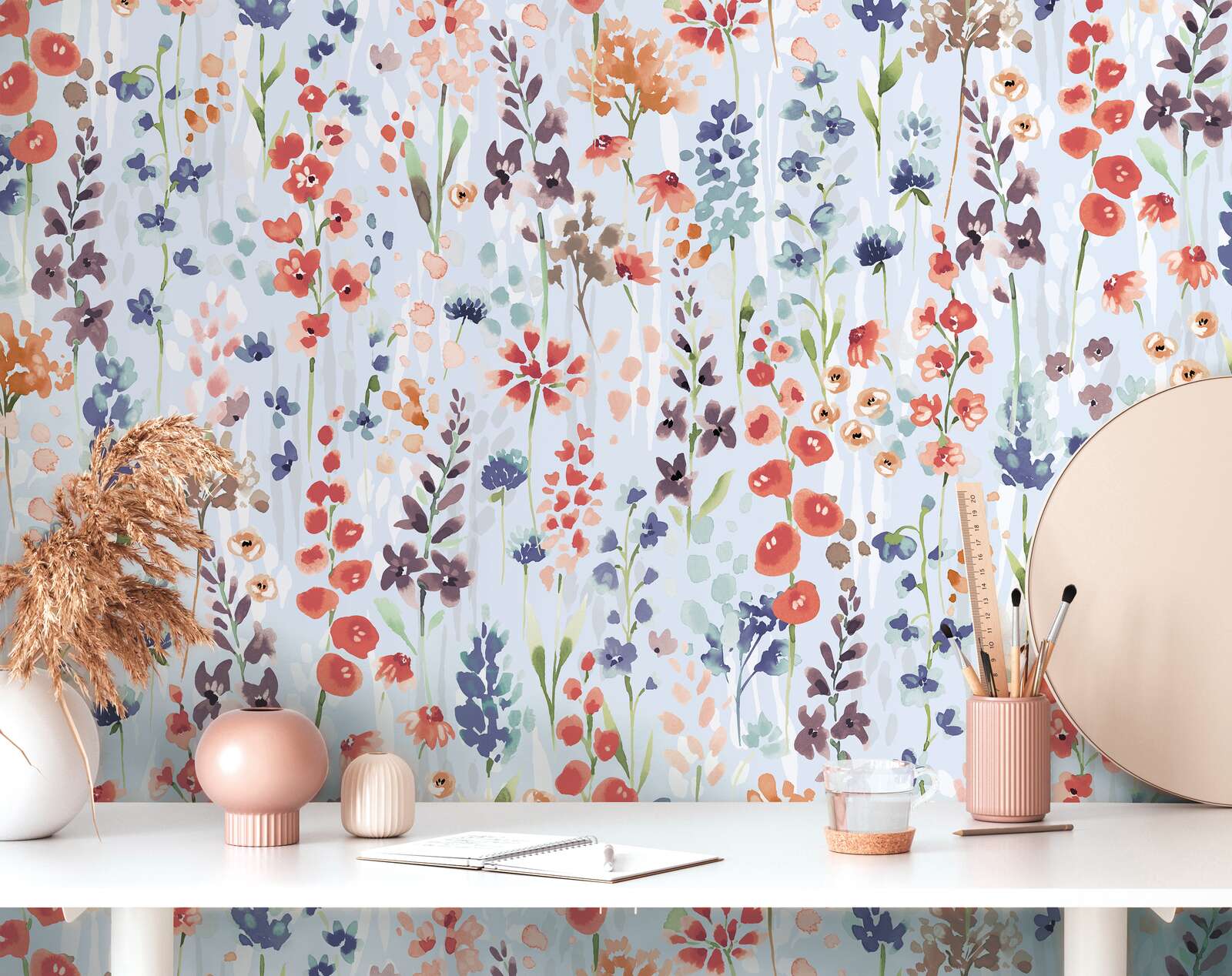             Colourful flower meadow wallpaper in watercolour look - colourful, light grey, orange
        