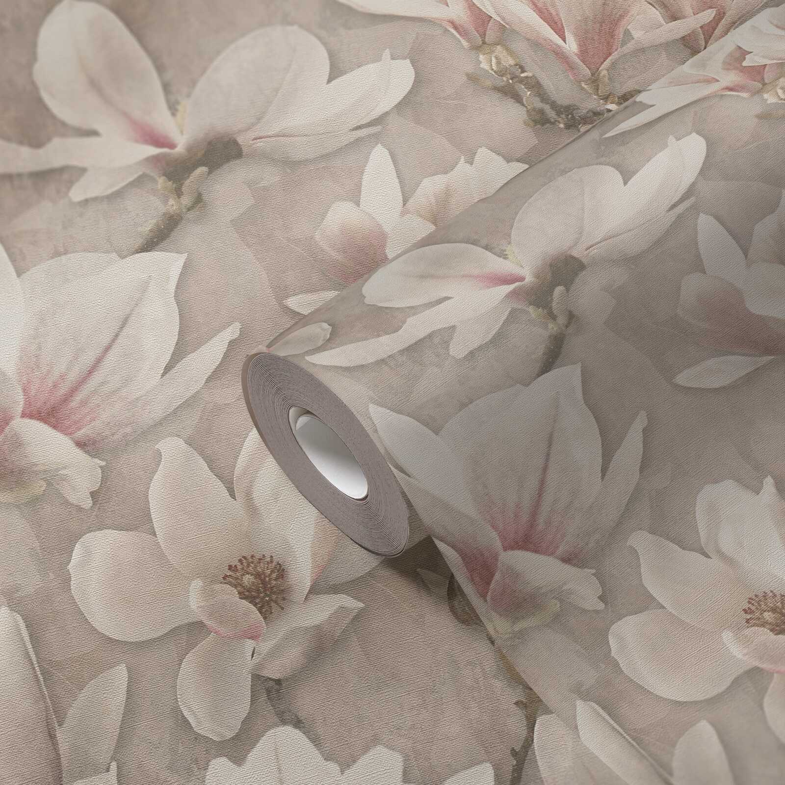             Non-woven floral wallpaper with magnolia blossoms - brown, pink, white
        