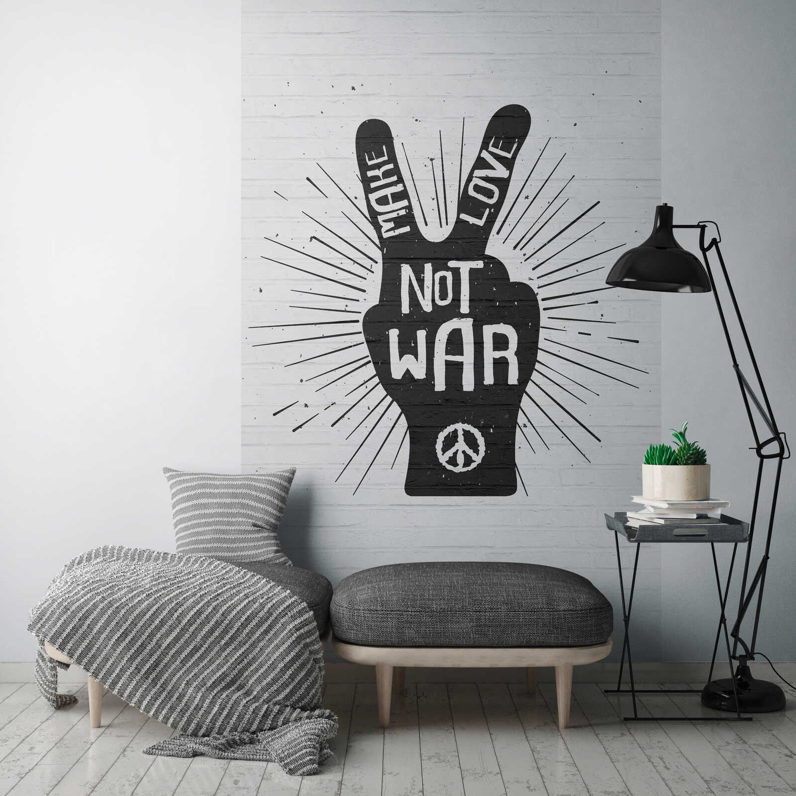 Stone wall non-woven wallpaper with expressive "Make Love Not War" illustration - white, black
