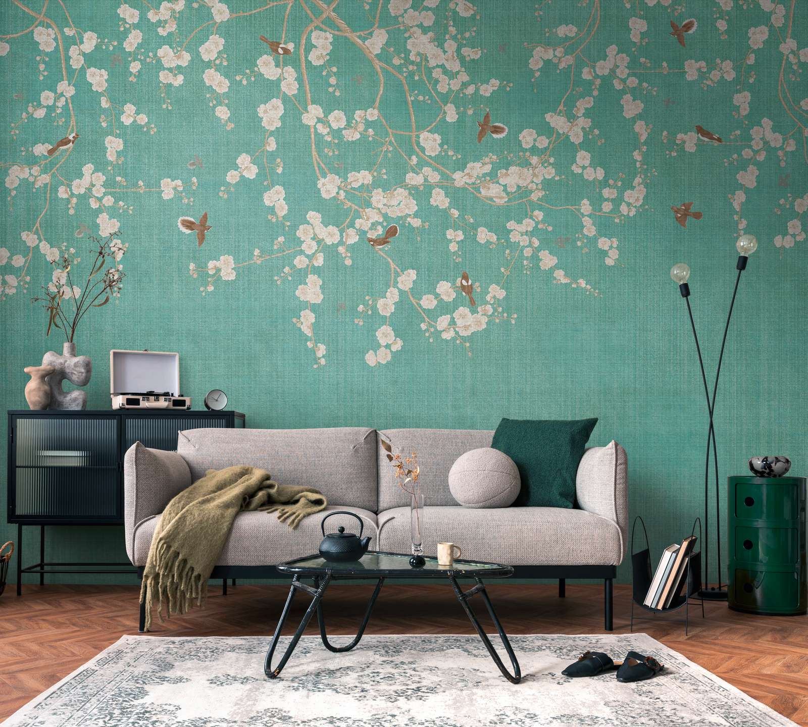             Elegant non-woven wallpaper with blossoming cherry branches - blue, cream, beige
        