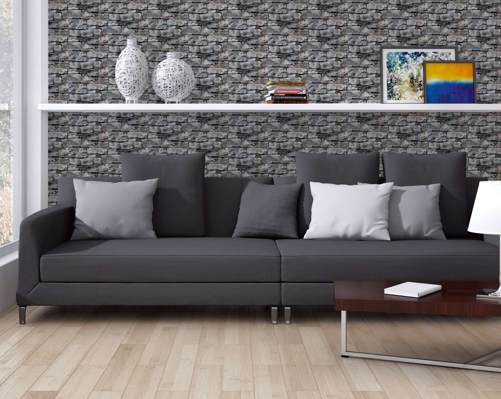             3D natural stone masonry non-woven wallpaper in natural stone look design - grey, brown
        