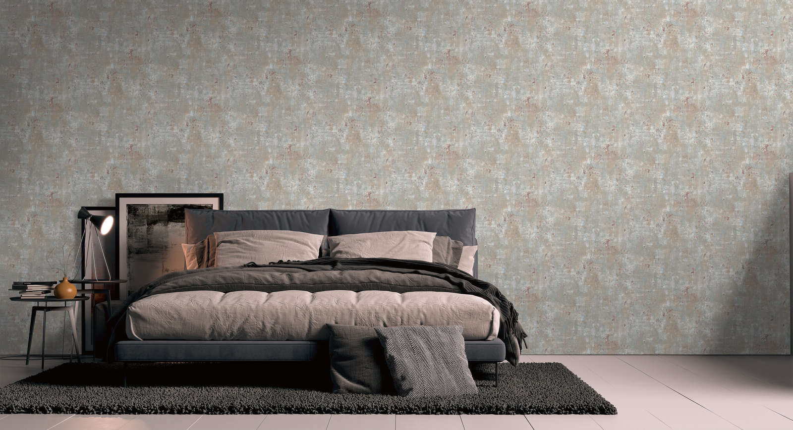             Non-woven wallpaper in used look with metallic accents - grey, blue, bronze
        