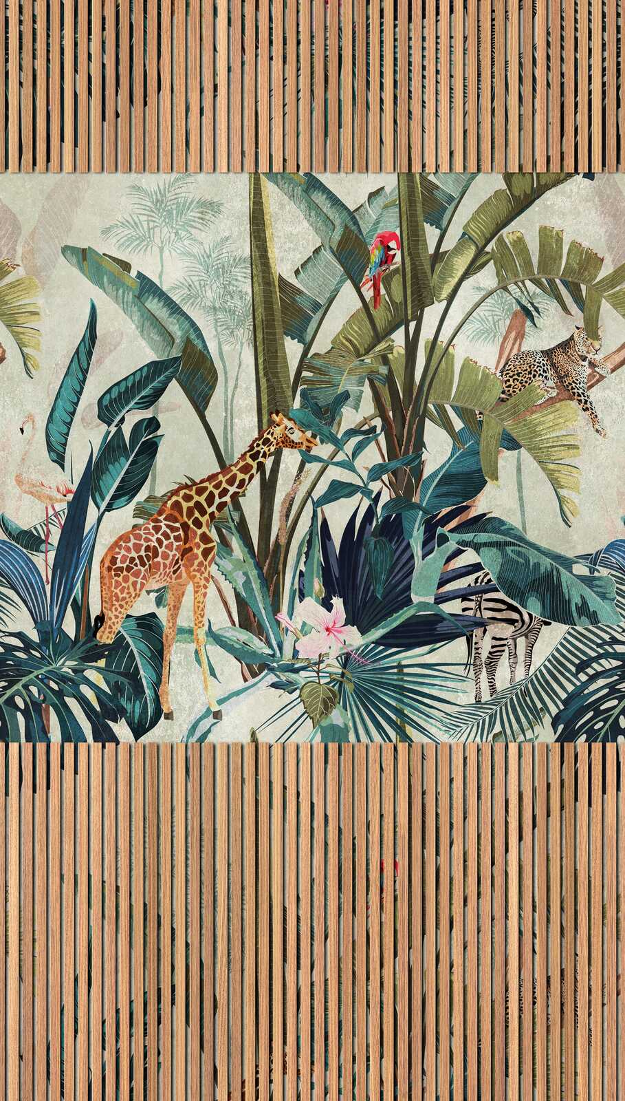             Bamboo acoustic panels non-woven wallpaper with jungle animals and a large-scale pattern repetition - beige, brown, blue
        