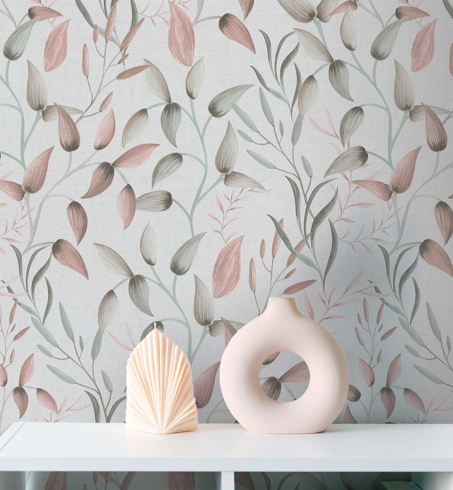             Non-woven wallpaper with soft floral tendrils - green, pink, cream
        