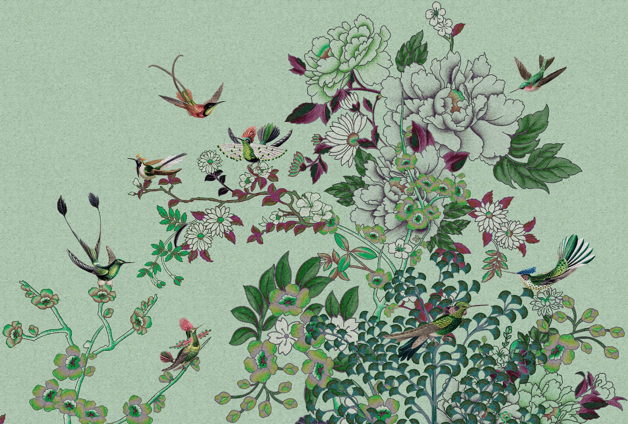             Fotomural »madras 1« - Motivo de flores verdes con pájaros sobre textura de papel kraft - Material sin tejer liso, ligeramente nacarado
        