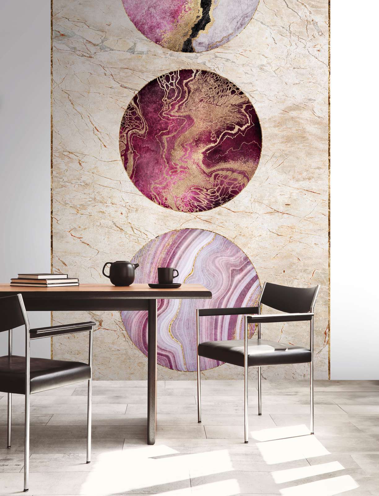             Colourful marble non-woven wallpaper with circles and gold accents - beige, gold, pink
        