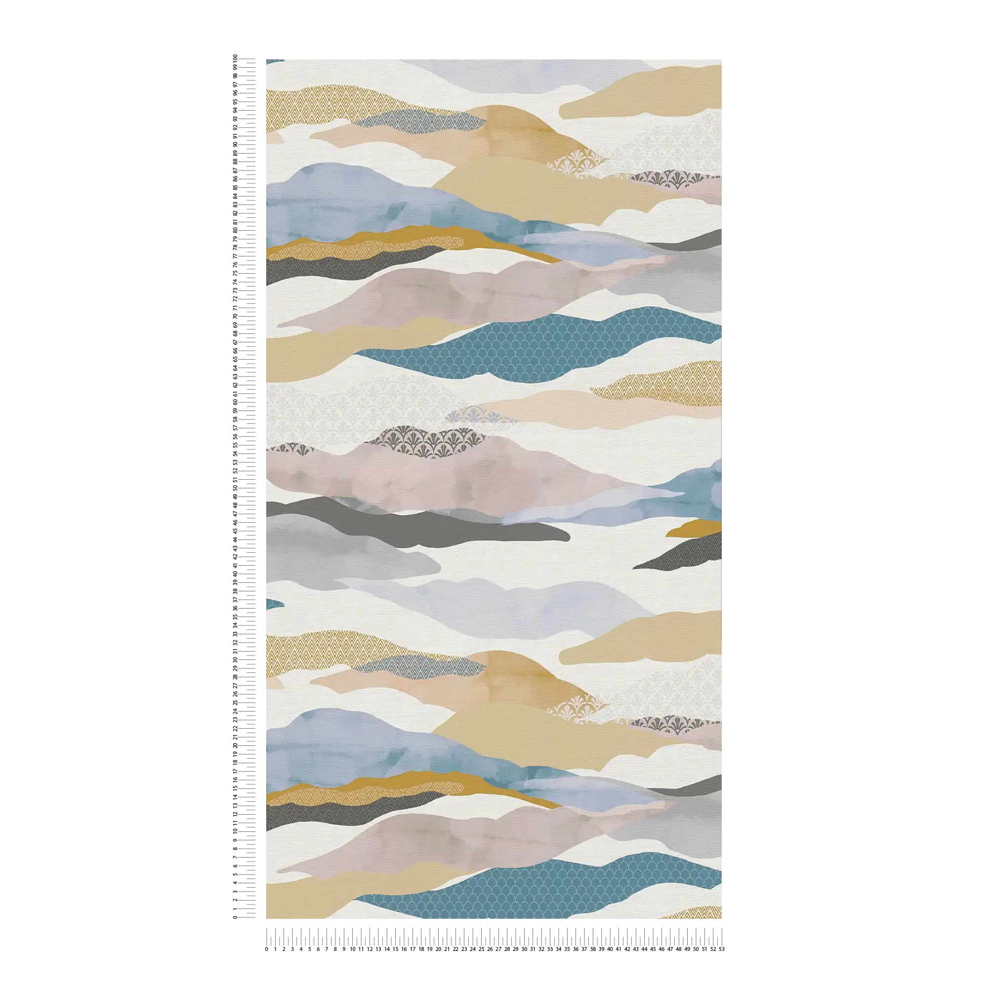             Non-woven wallpaper with graphic wave and cloud pattern - blue, pink, beige
        