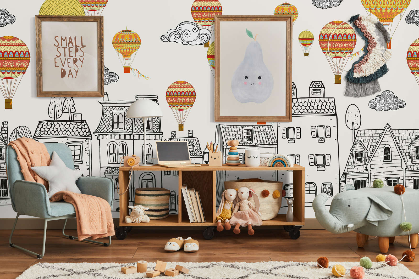             Small Town with Hot Air Balloons Wallpaper - Smooth & Light Gloss Non-woven
        