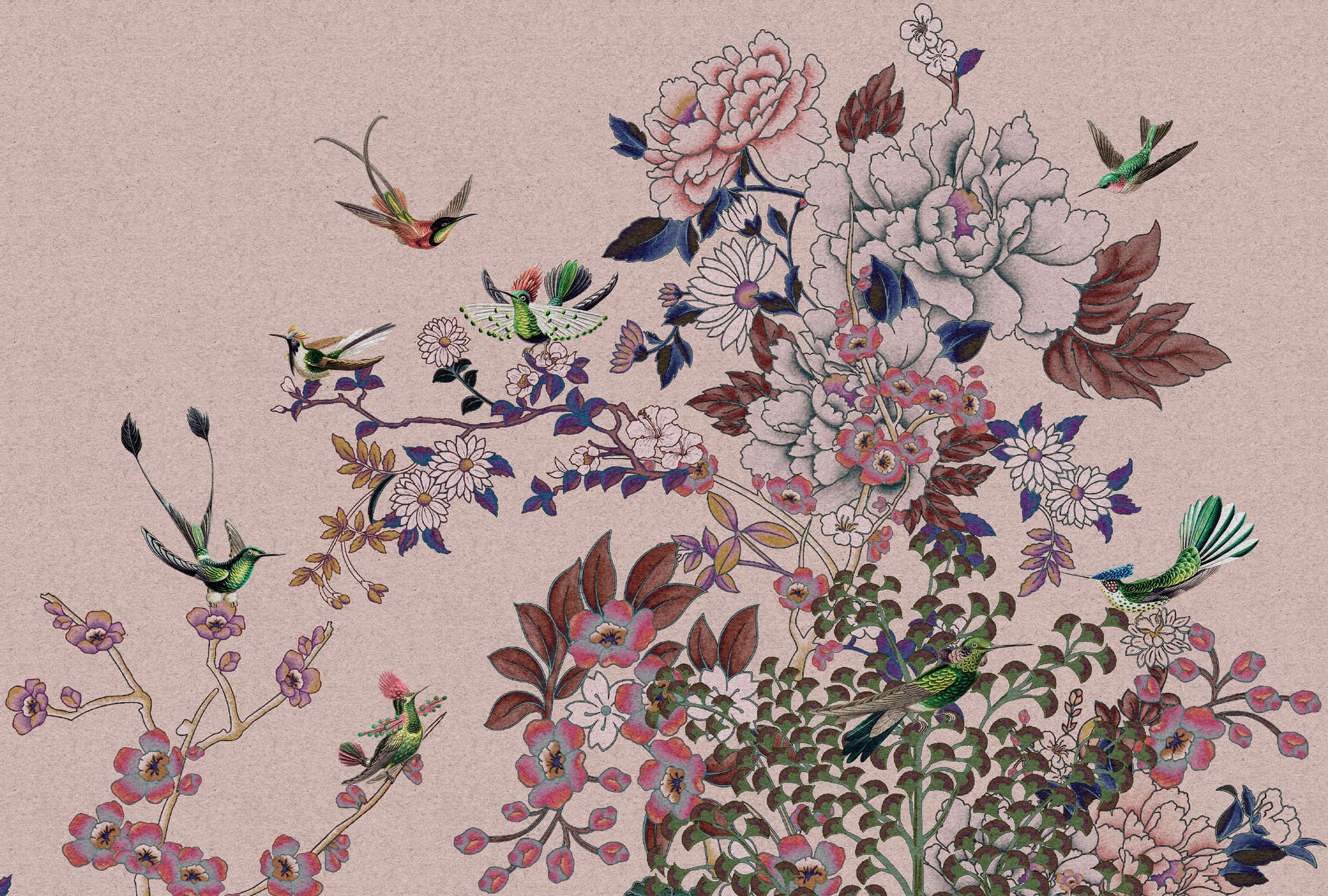             Photo wallpaper »madras 2« - Rose-coloured blossom motif with hummingbirds on kraft paper texture - Matt, smooth non-woven fabric
        