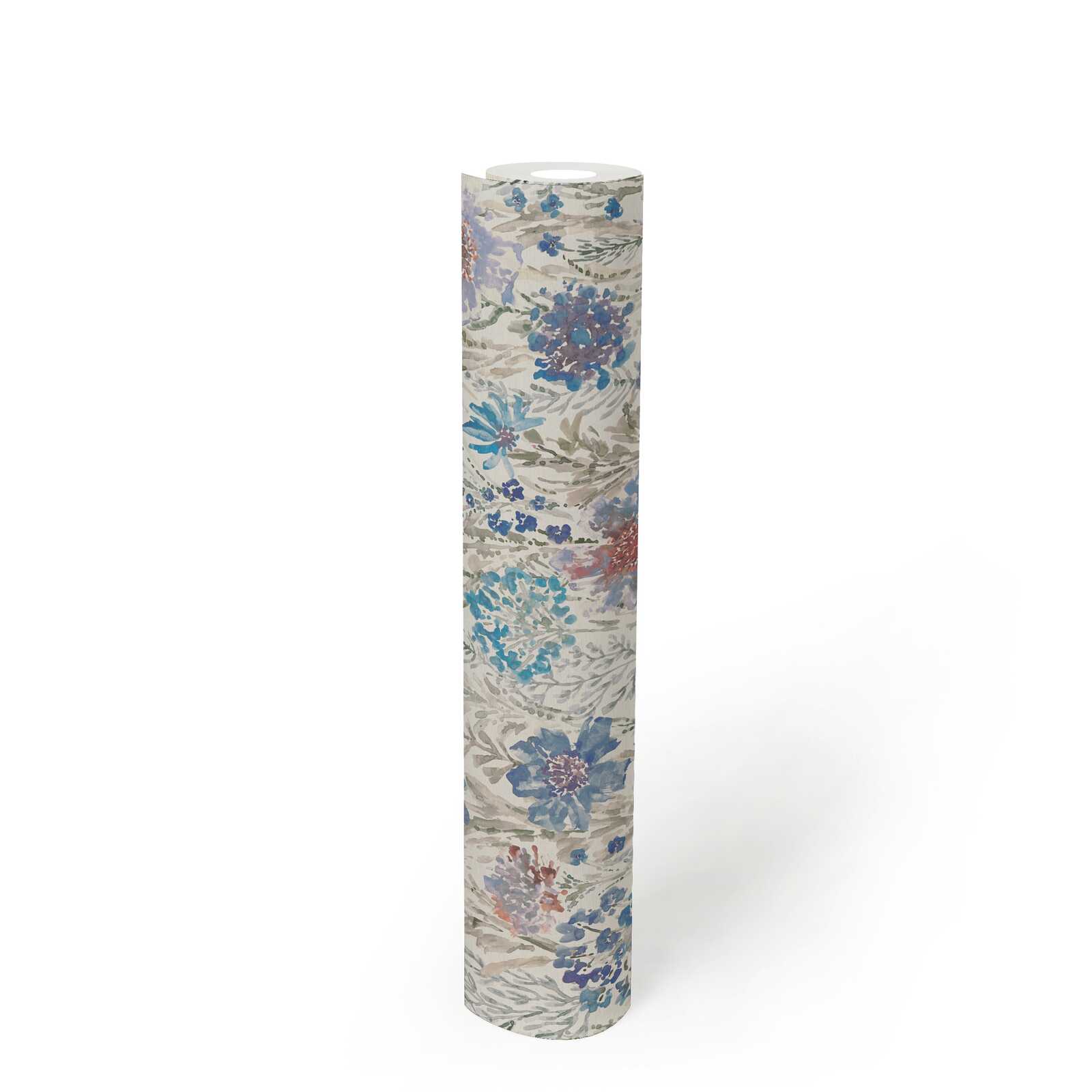             Flower and blossom meadow non-woven wallpaper in watercolour style - blue, white, grey
        