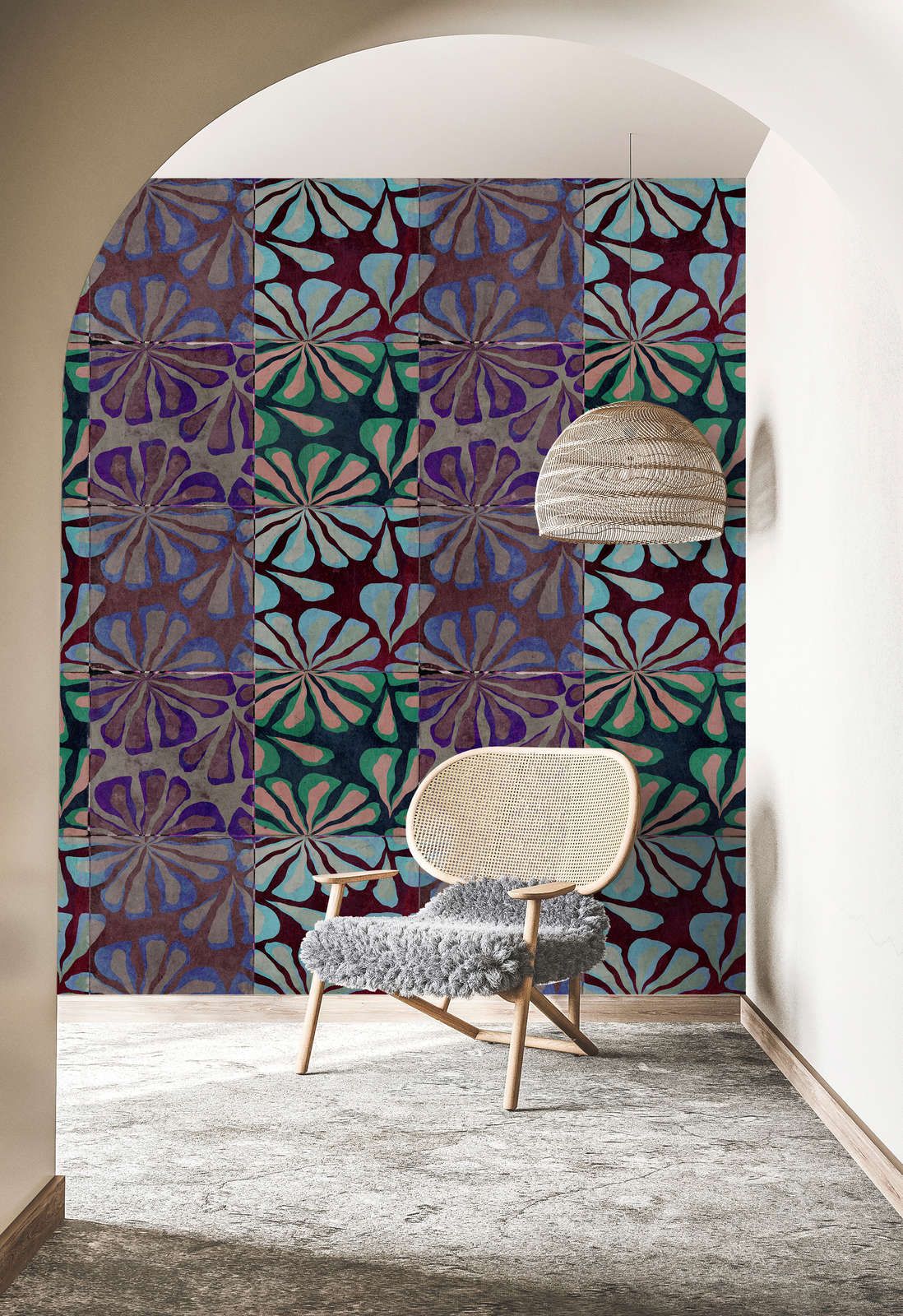             Photo wallpaper »nevio« - Colourful patchwork design in front of concrete plaster look - Lightly textured non-woven fabric
        