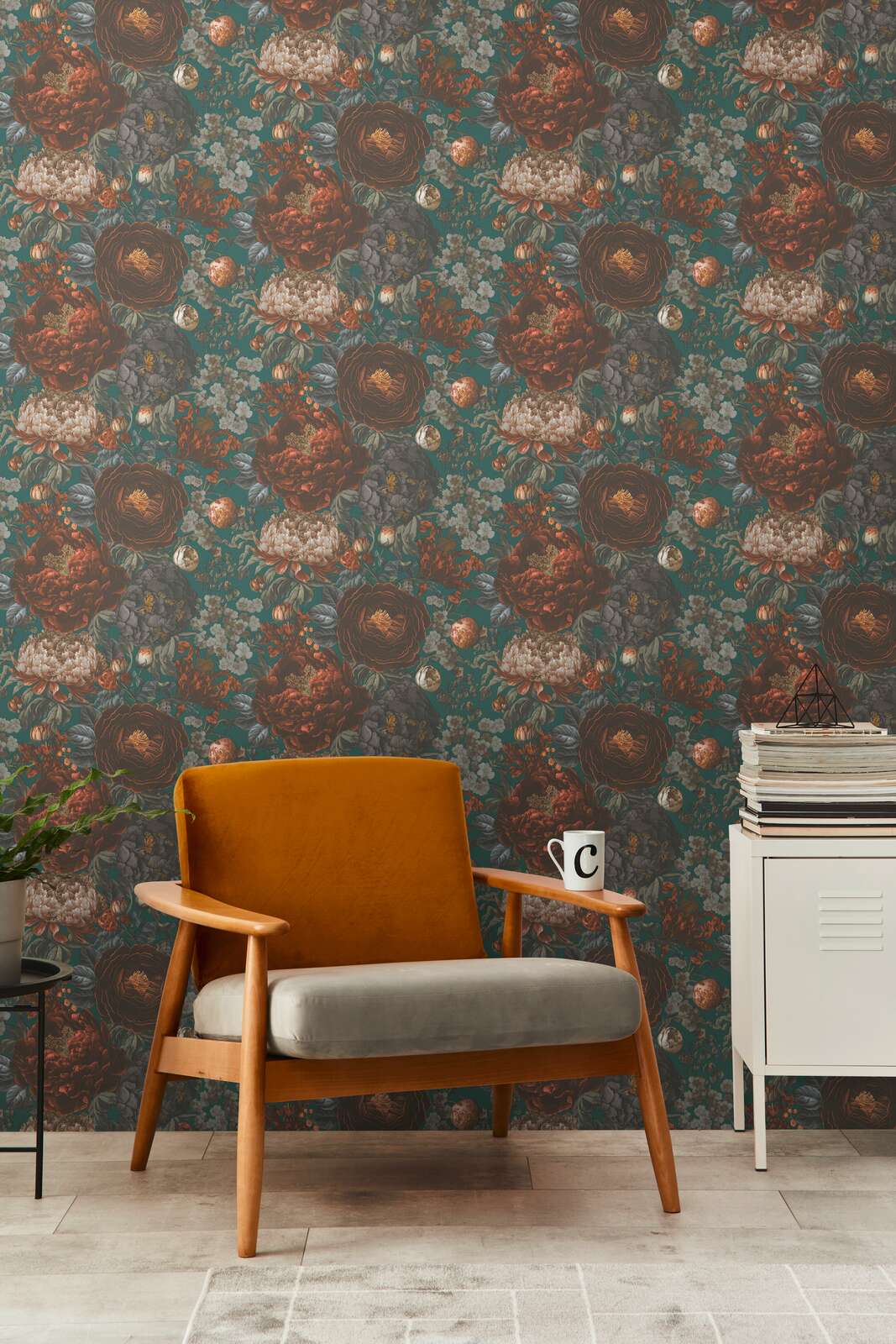             Non-woven wallpaper with large floral pattern in vintage look - green, grey, orange
        