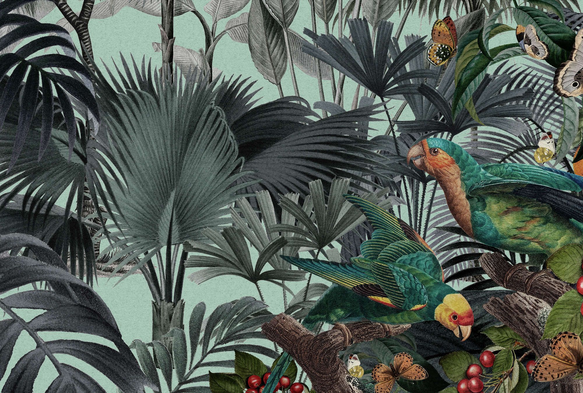             Photo wallpaper »arabella« - Jungle & parrots on kraft paper look - Smooth, slightly pearly shimmering non-woven fabric
        