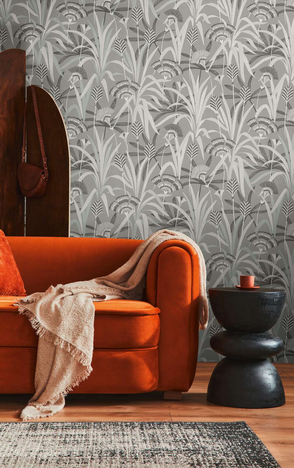             Non-woven wallpaper with flowers and grasses in a retro look - grey, blue, green
        