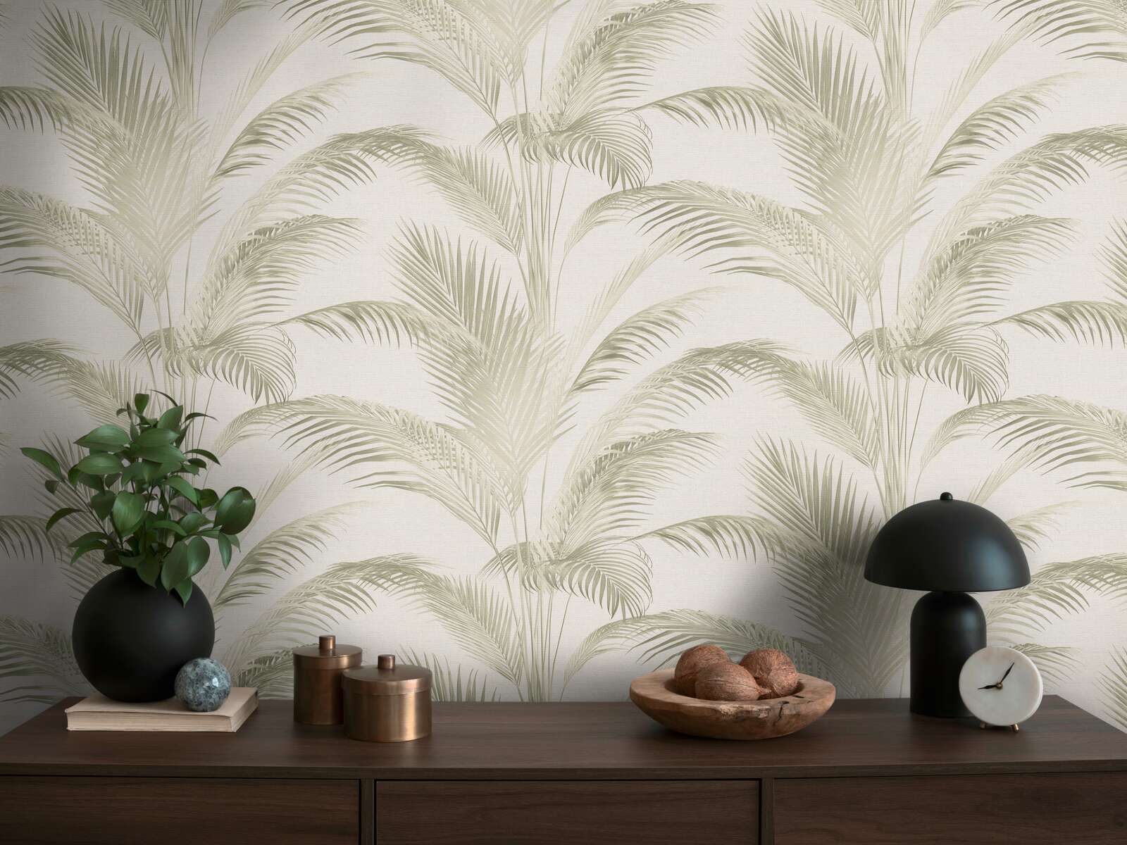             Non-woven wallpaper with palm leaves in vintage style - cream, green
        