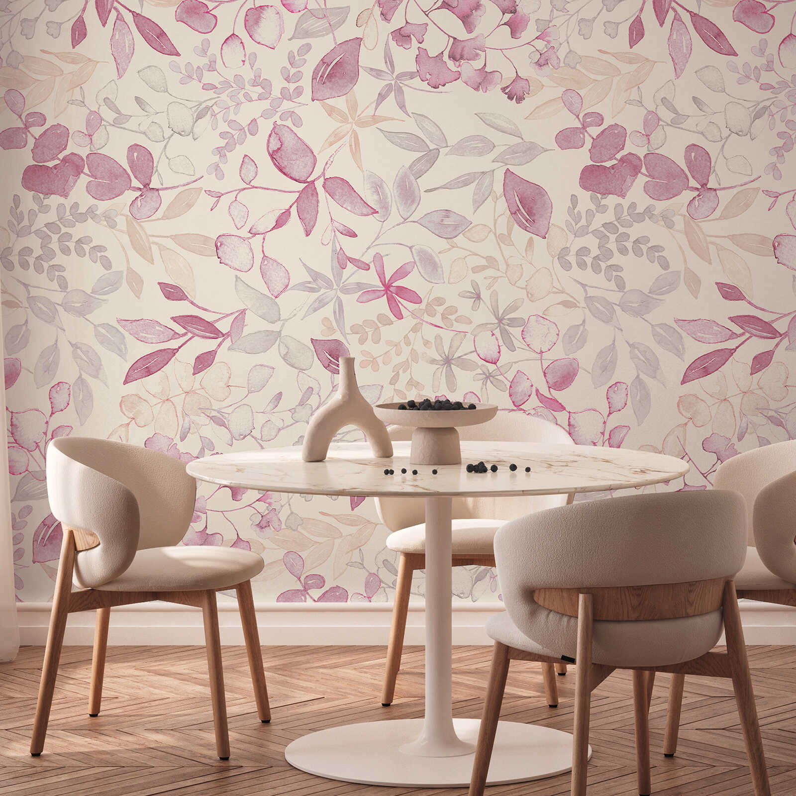         Motif wallpaper in XXL design with floral pattern in watercolour look - pink, grey, white
    