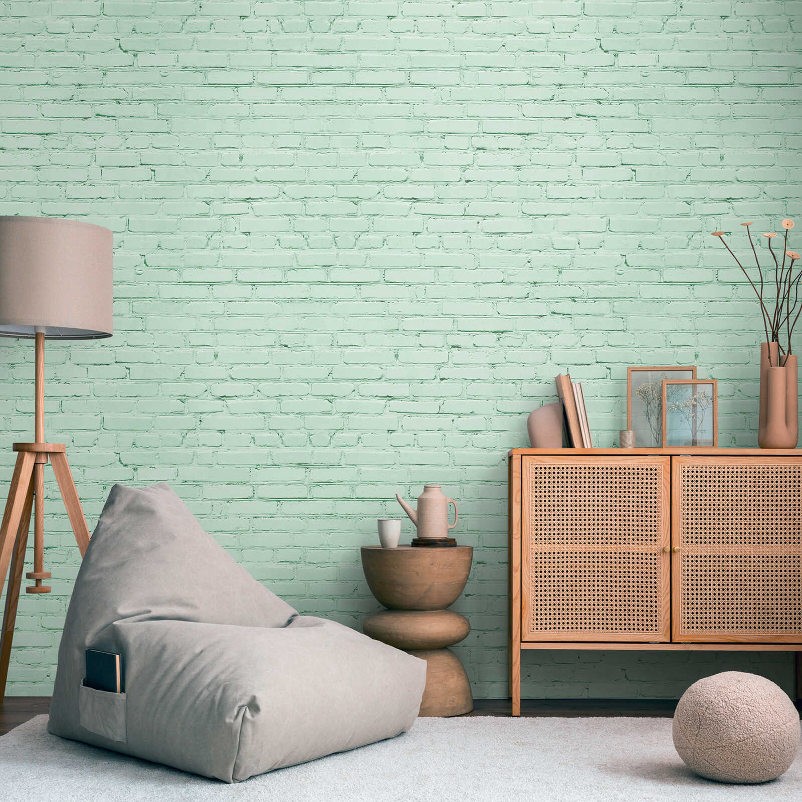             Stone wall non-woven wallpaper in a loft design and a large-scale pattern repetition - turquoise, green, blue
        