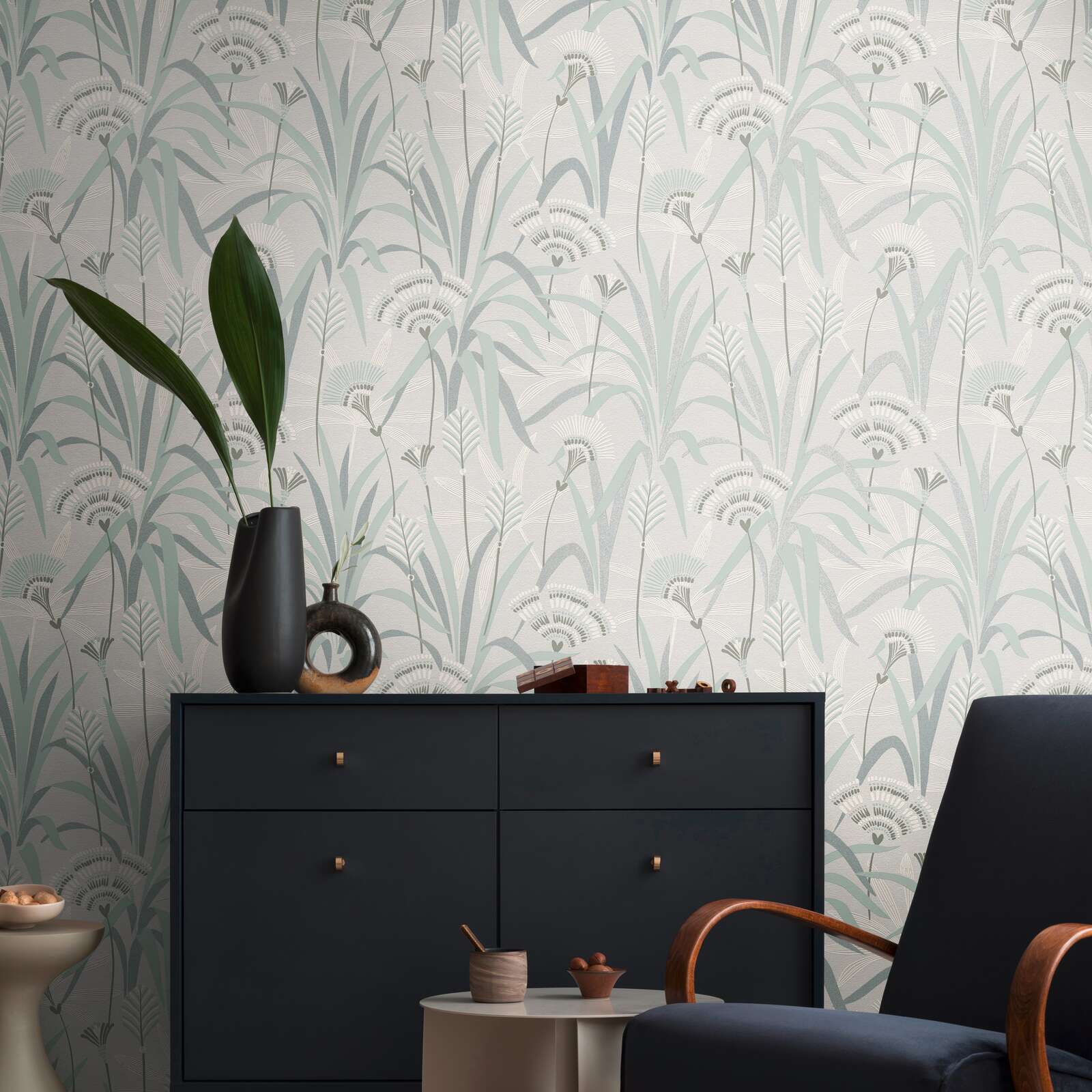             Flowers and grasses non-woven wallpaper in retro design - grey, blue, green
        