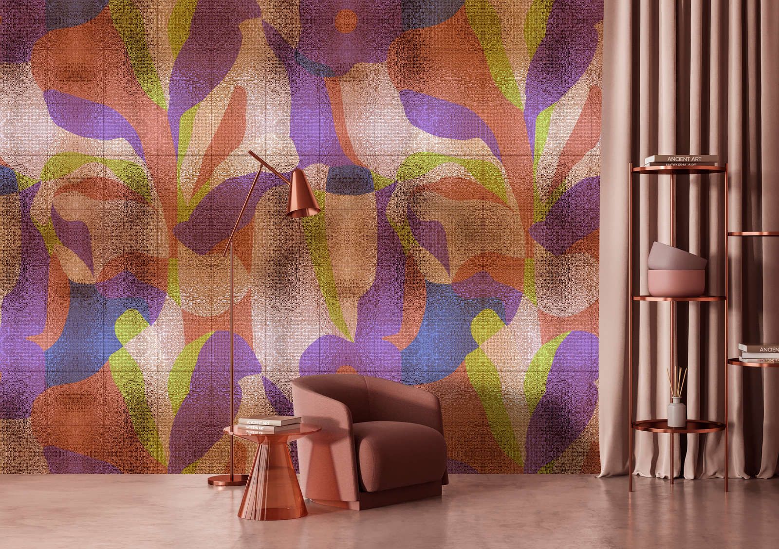             Photo wallpaper »brillanaza« - Graphic, colourful leaf design with mosaic structure - Smooth, slightly pearlescent non-woven fabric
        