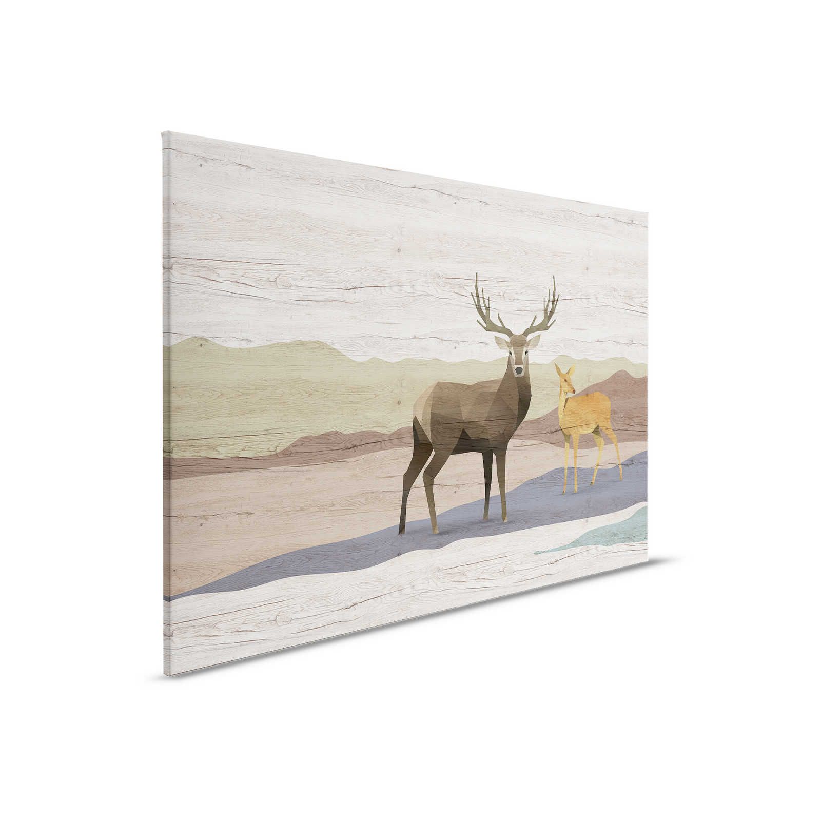 Yukon 2 - Tela dipinta con venature del legno, disegno di cervi e caprioli - 0,90 m x 0,60 m
