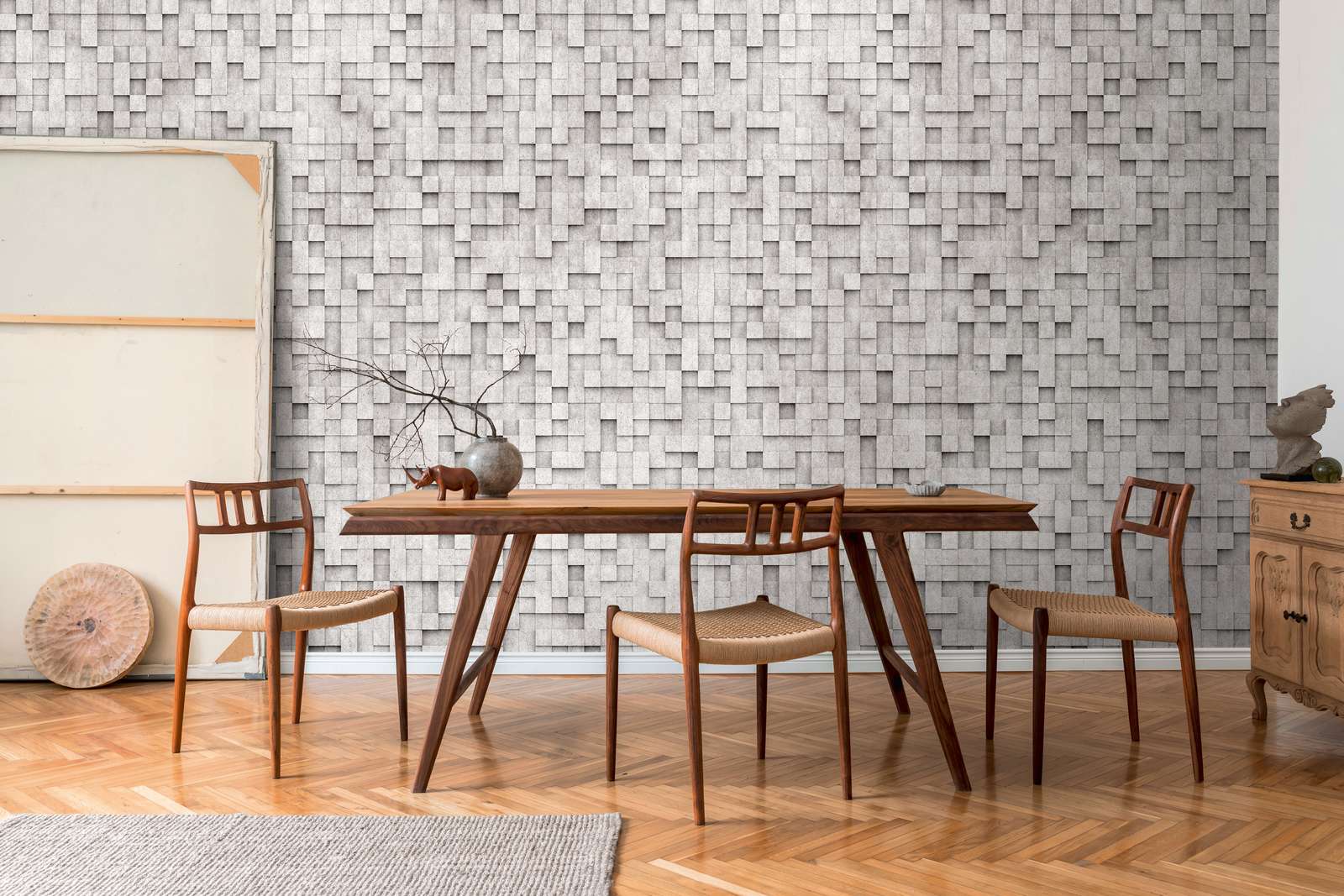             Graphic 3D non-woven wallpaper with concrete mosaics and a large-scale pattern repetition - grey
        