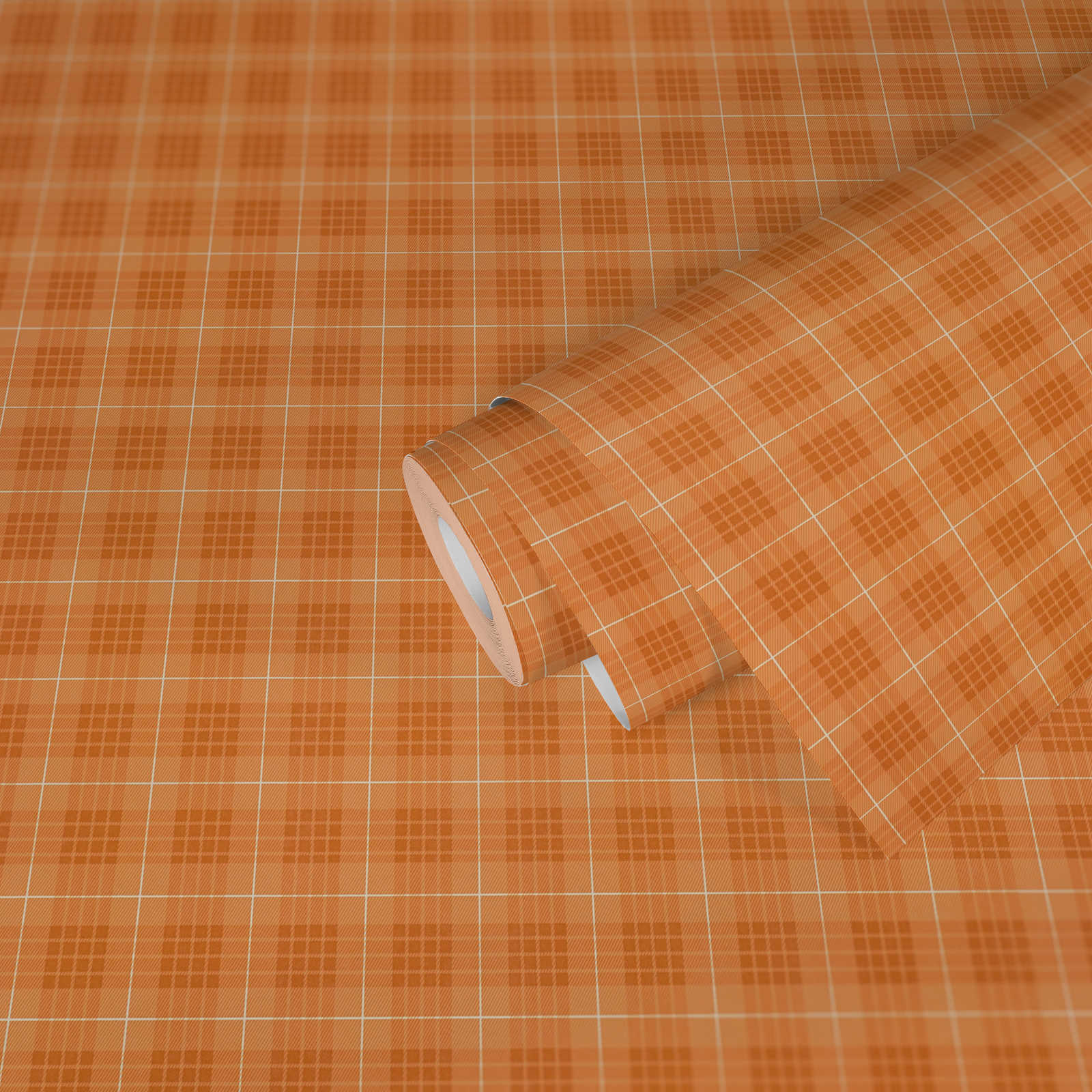             Carta da parati in tessuto effetto flanella a quadri - arancione, bianco
        