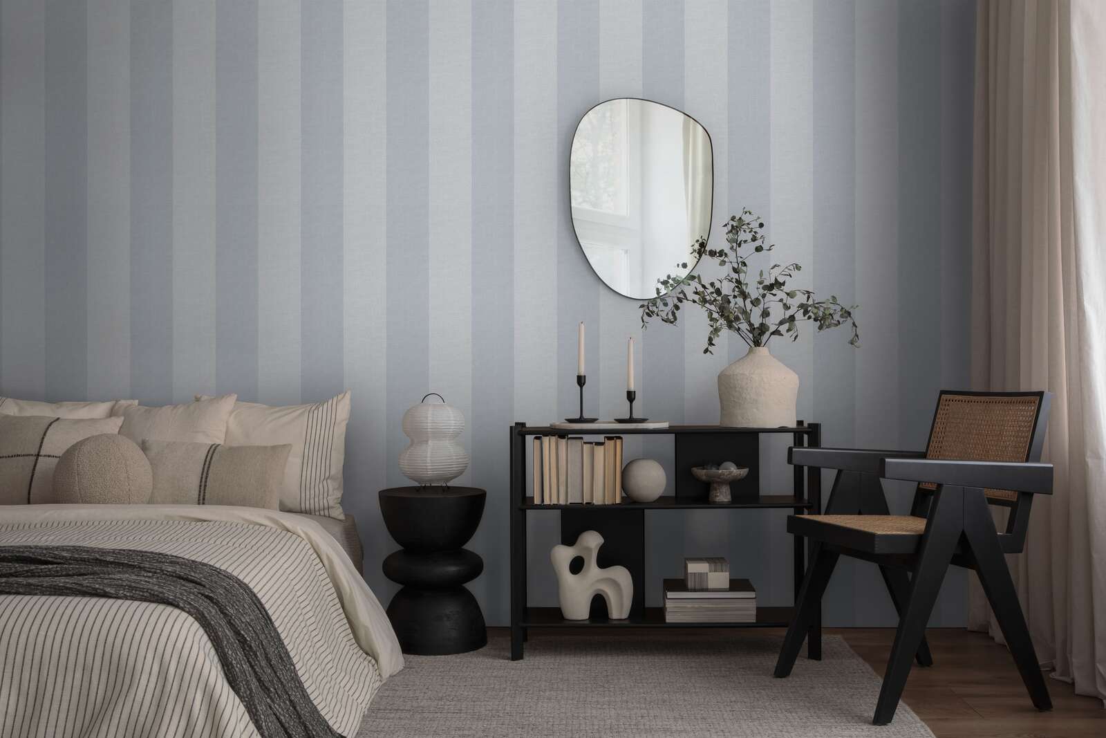             Non-woven wallpaper with stripes and textured pattern - blue, grey
        