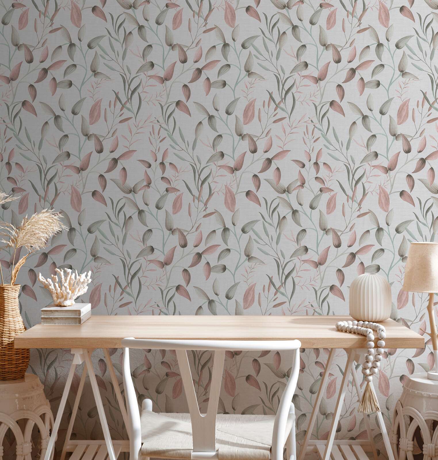             Non-woven wallpaper with soft floral tendrils - green, pink, cream
        