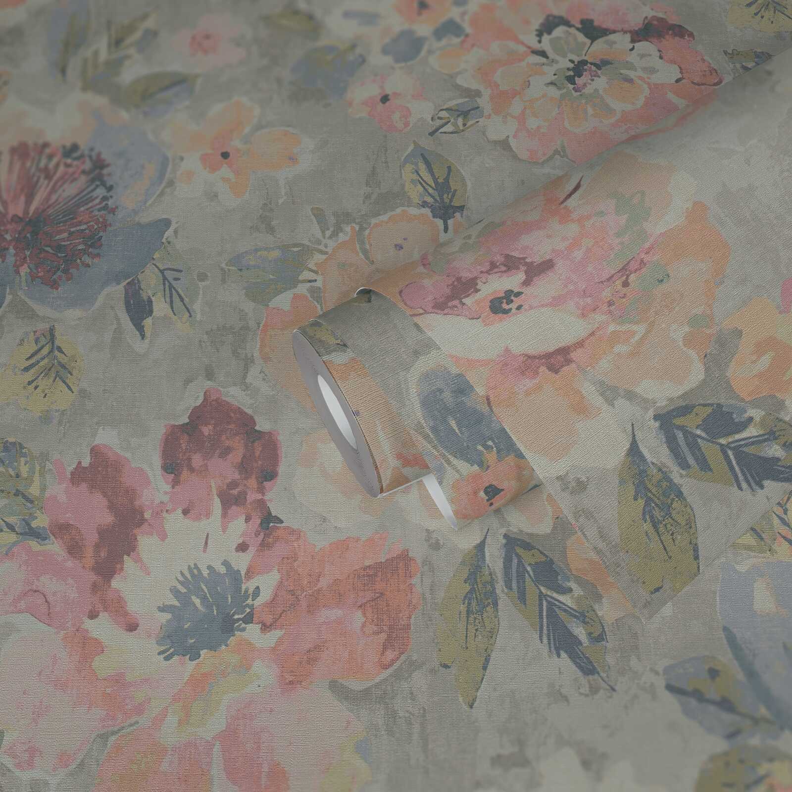             Non-woven floral wallpaper in watercolour and vintage look - colourful, grey, pink
        