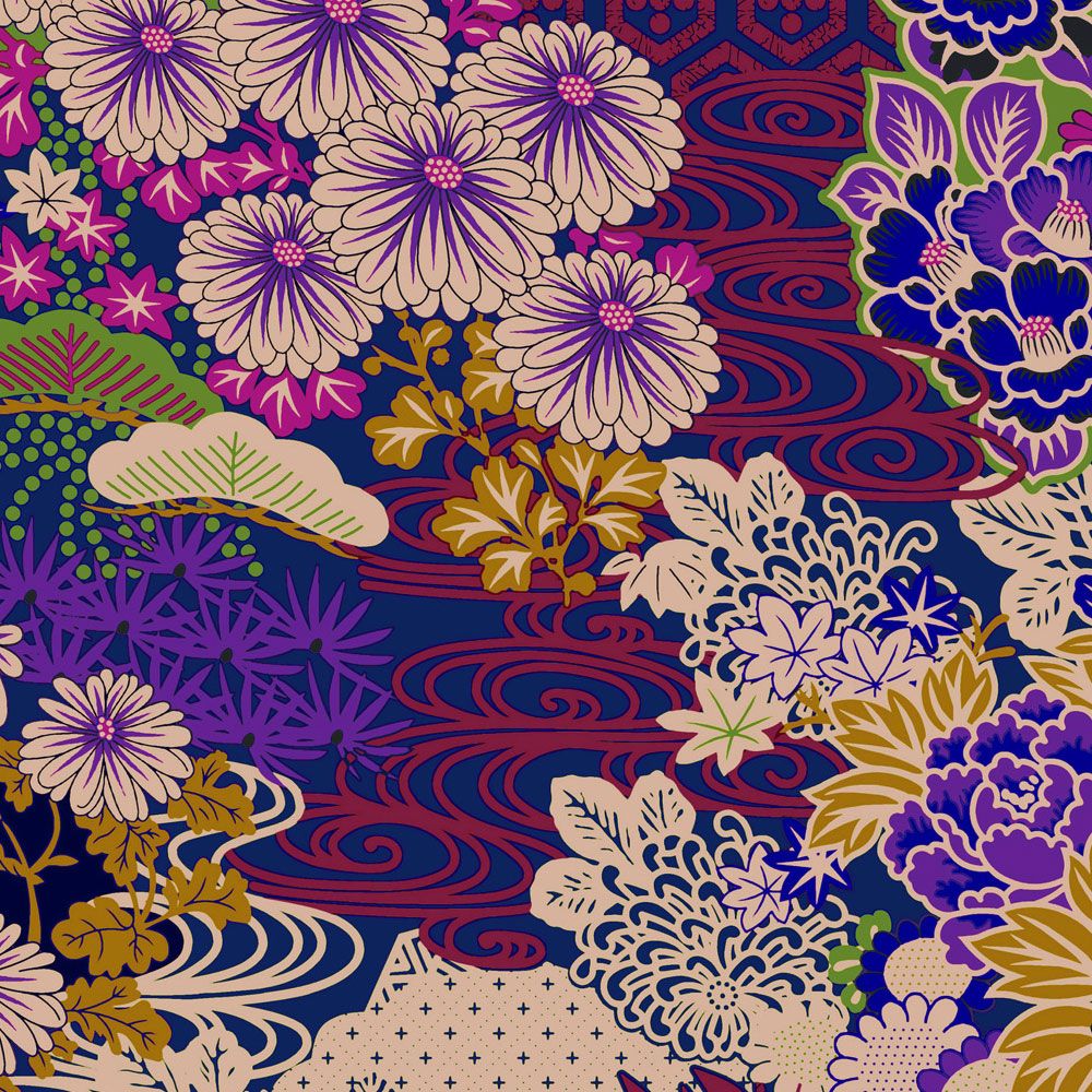             papier peint en papier panoramique »kimo 2« - art floral abstrait - violet, vert | Intissé mat et lisse
        