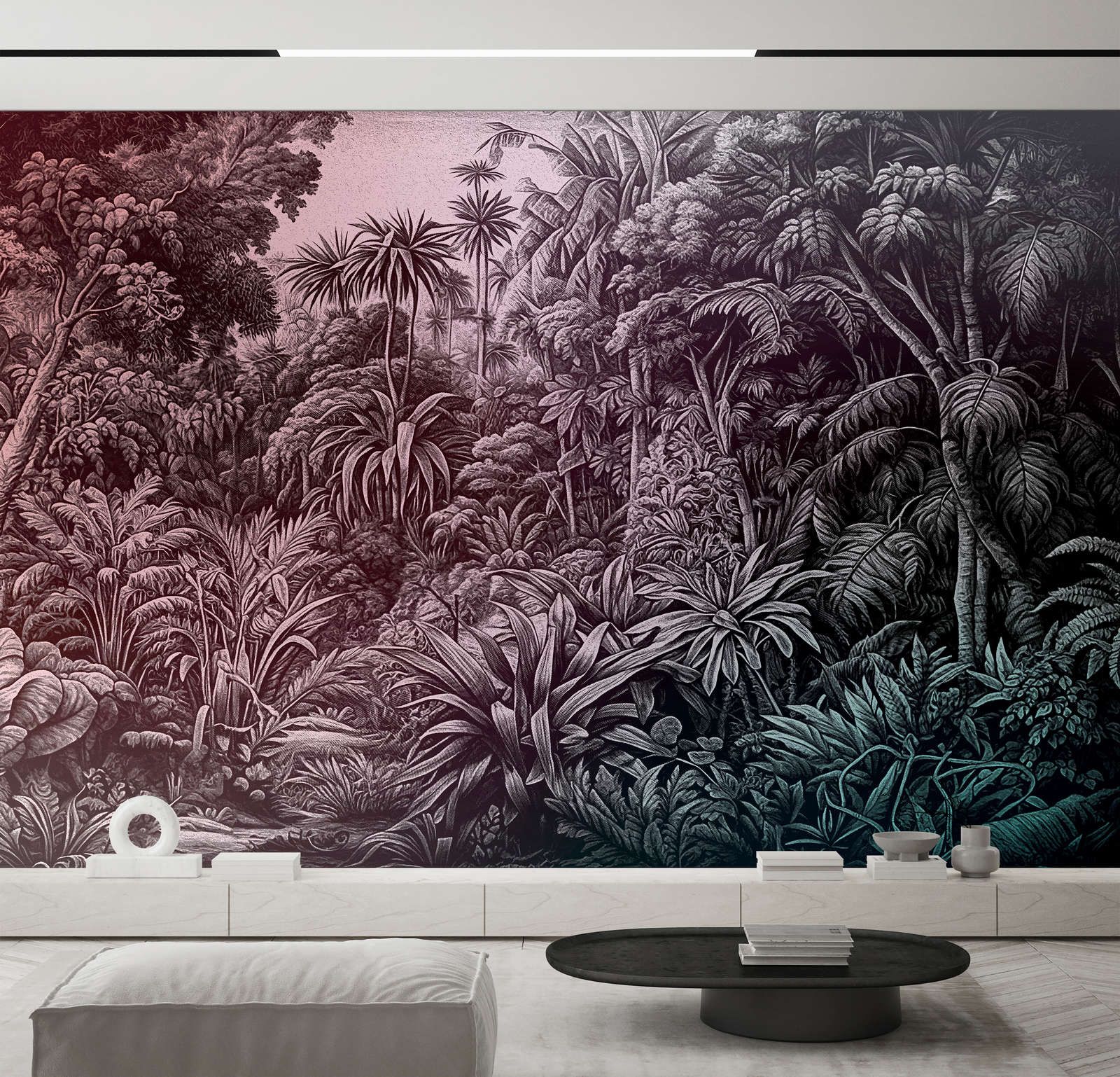             Fotomurali »livia« - Design della giungla con sfumature di colore - dal viola al verde scuro | Materiali non tessuto a trama leggera
        