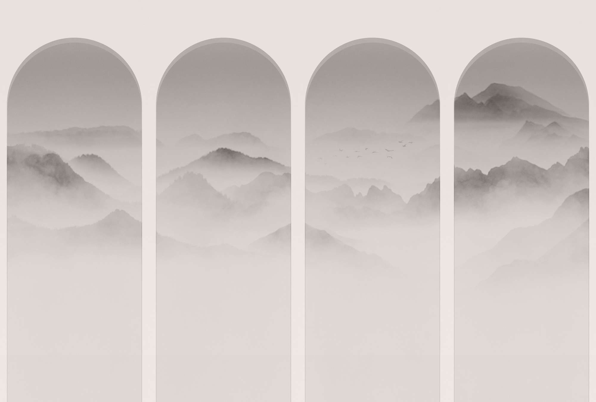             Fotomural »valle« - montañas y niebla en arcos - gris, blanco | tejido no tejido de textura ligera
        