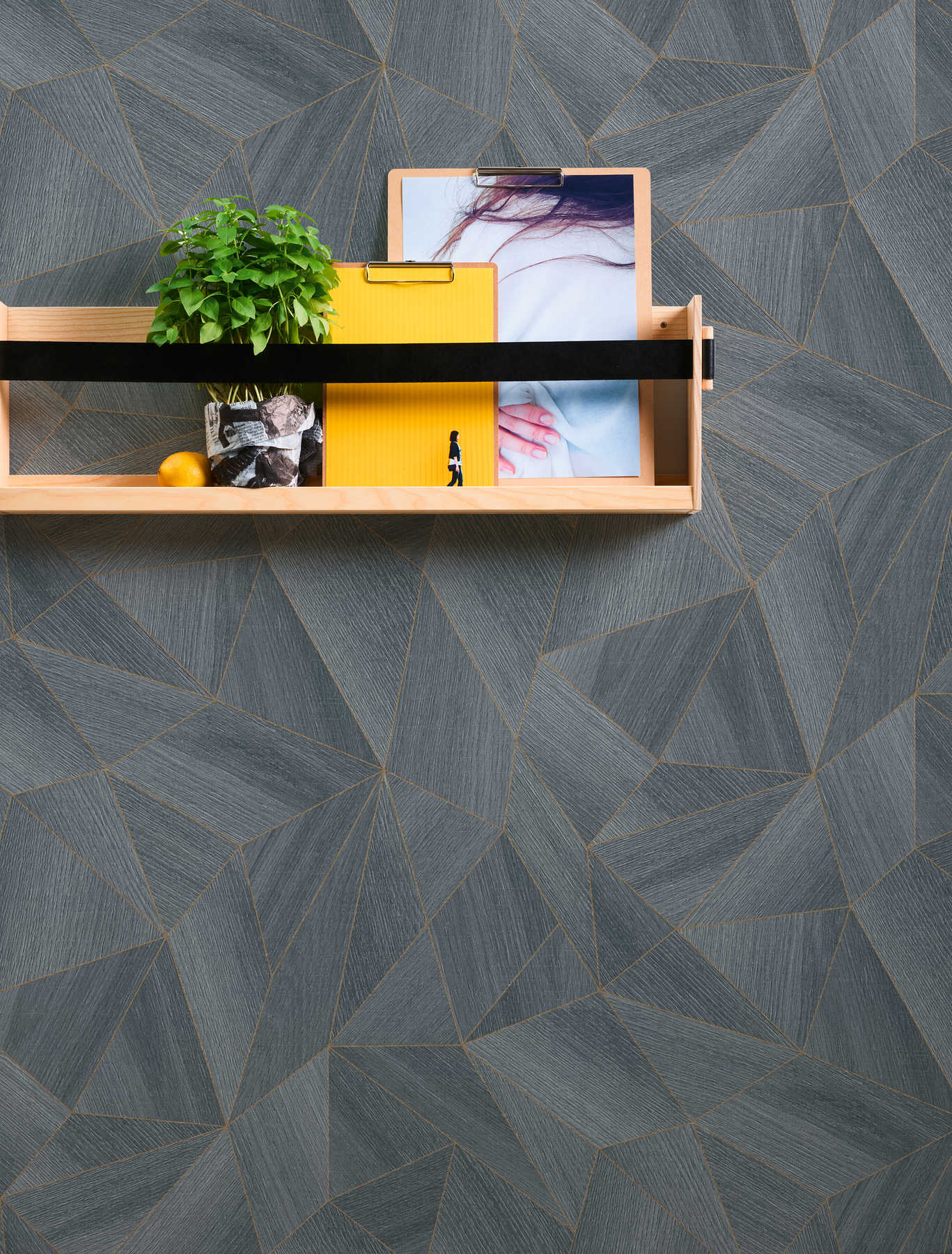             Wood wallpaper geometric pattern & metallic effect - grey, black
        