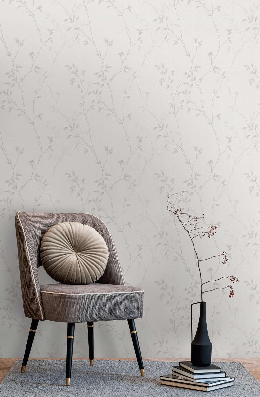             Plain non-woven wallpaper with leaf tendrils and surface texture - cream, beige
        