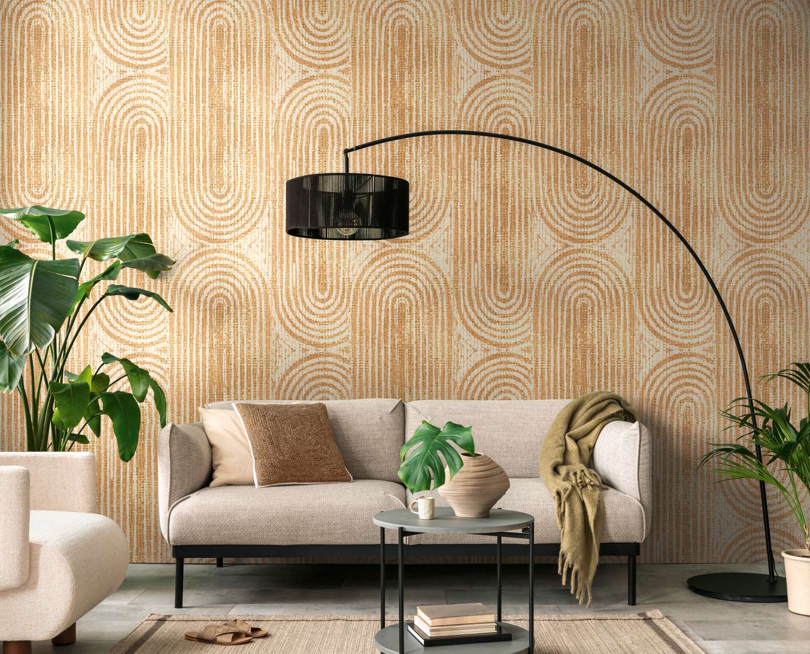             Retro 70s non-woven wallpaper with geometric pattern and large-scale pattern repetition - orange, beige
        