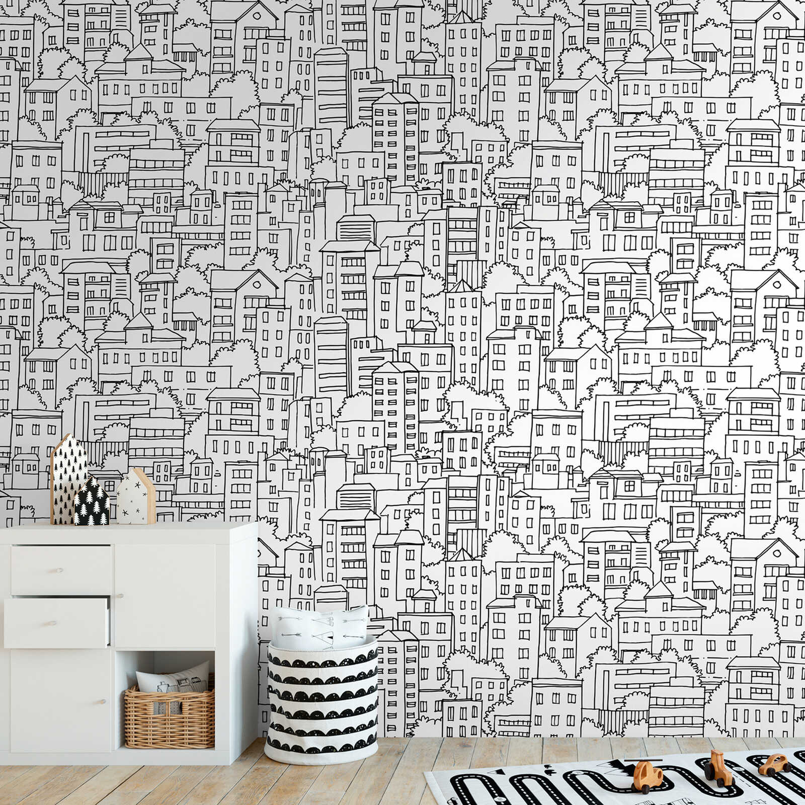             Non-woven wallpaper for children's rooms with a skyline of houses and a large-scale pattern repetition - black, white
        