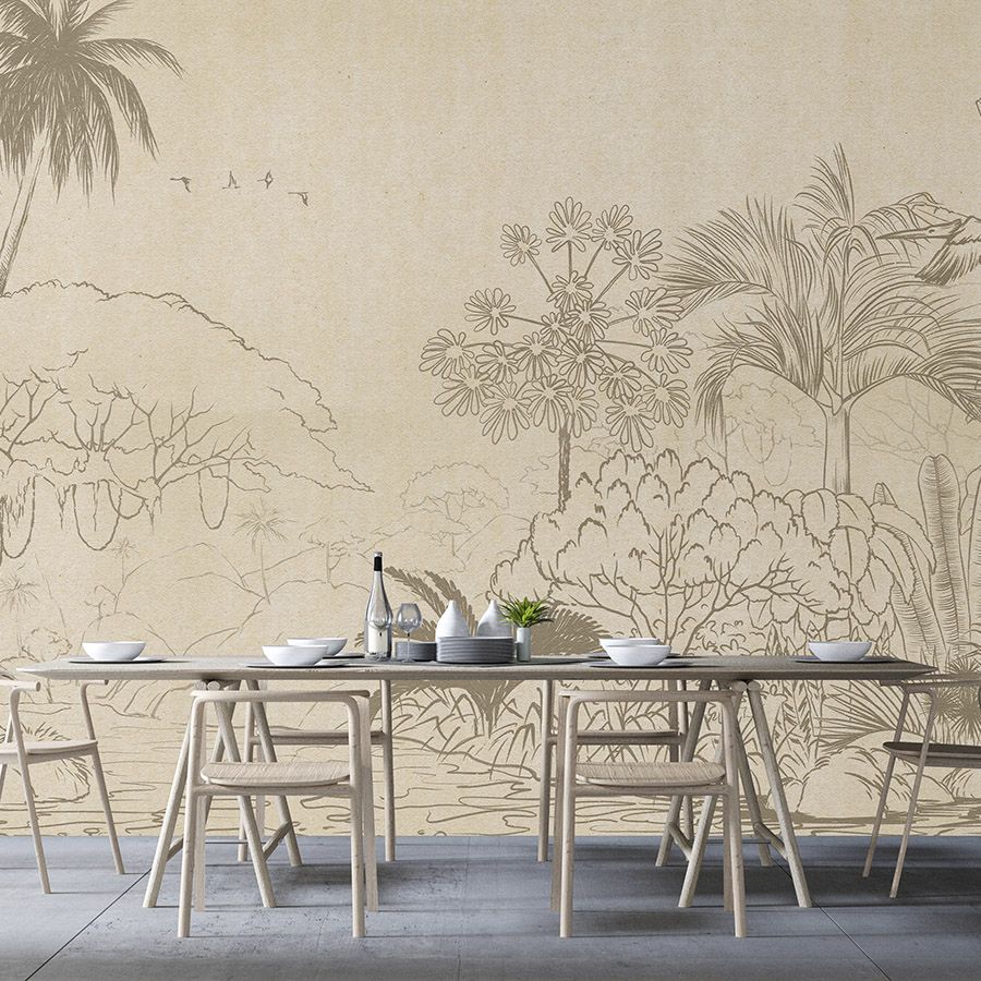 Papel pintado »oasis« - Selva en estilo dibujo con aspecto de papel hecho a mano - Material sin tejer de textura ligera
