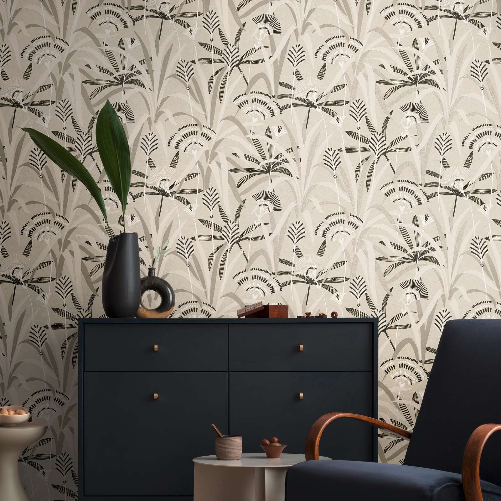             Papel pintado no tejido motivo floral en diseño retro - negro, blanco, gris
        