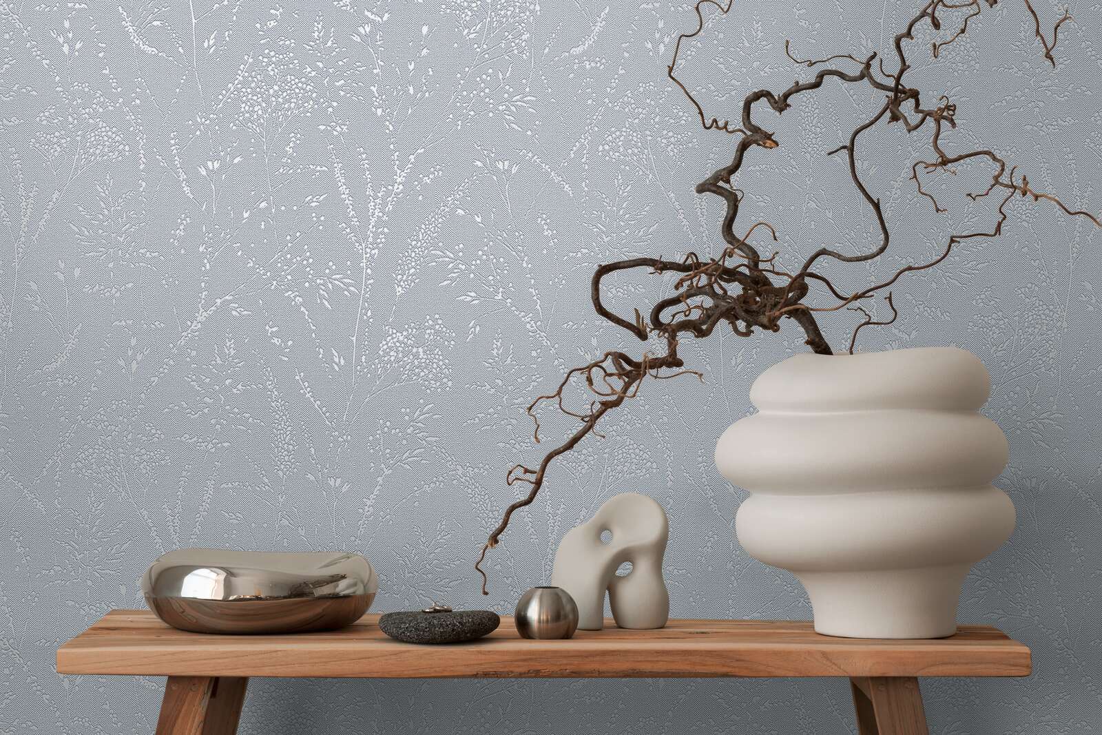             Textured non-woven wallpaper with a simple floral motif - blue, grey
        